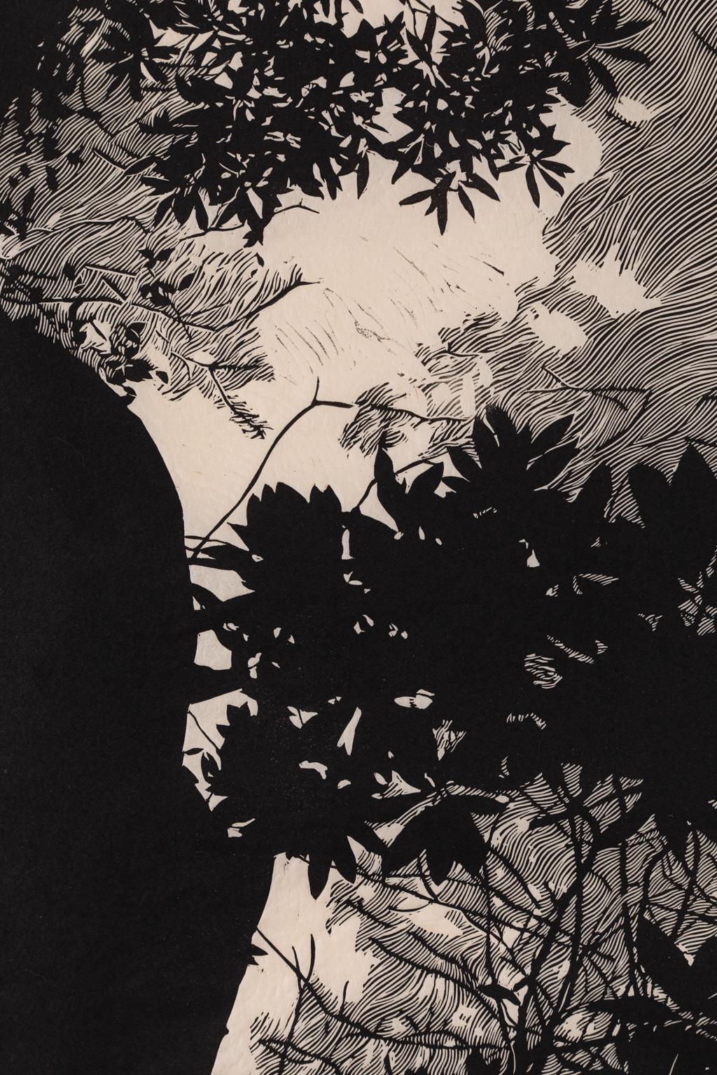 River Canopy - Impression de linogravure encadrée en noir et blanc de la for�êt - Noir Landscape Print par Hannah Skoonberg
