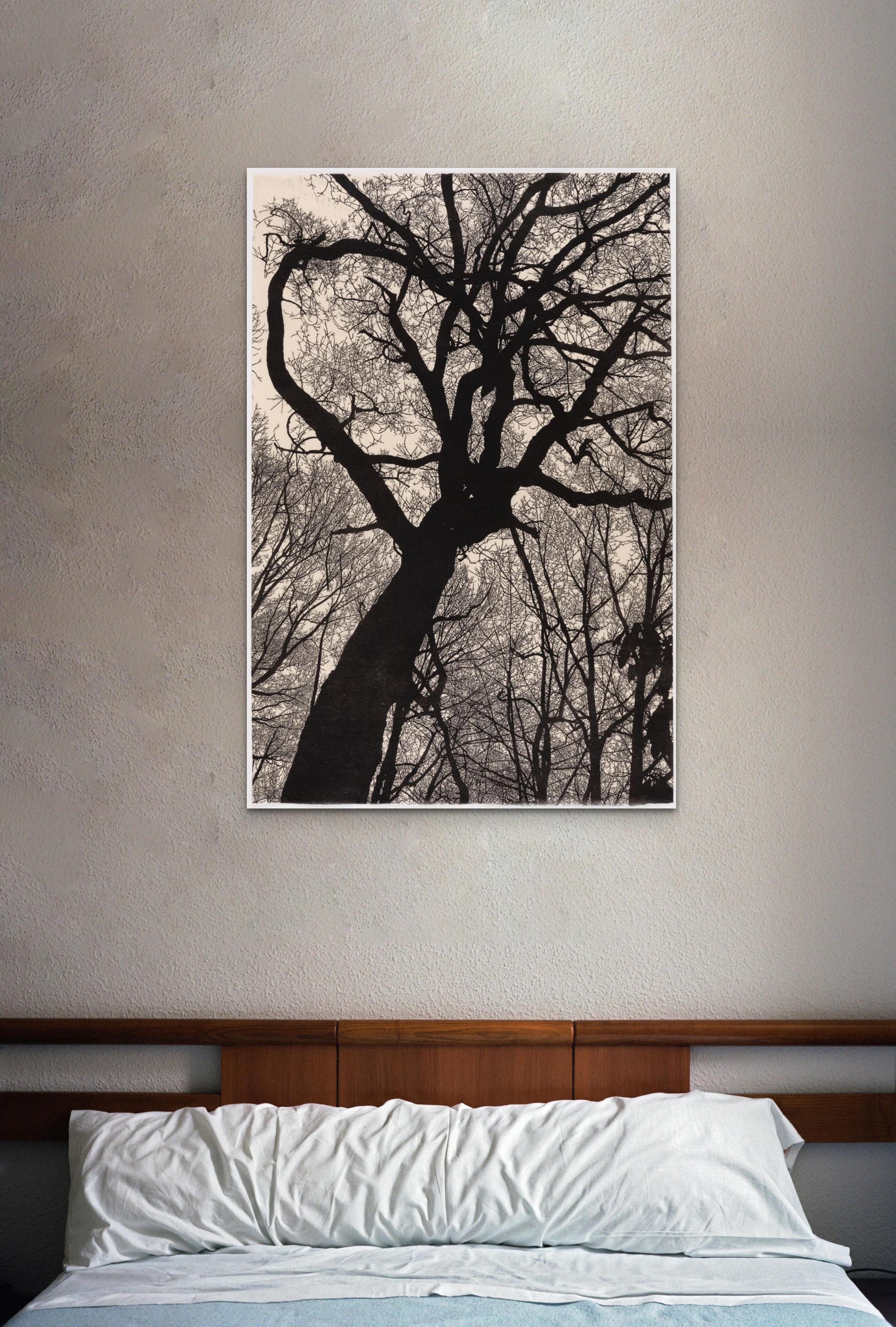 Night Descends on Mountain - Framed Linocut Print of a Tree Silhouette - Black Landscape Print by Hannah Skoonberg