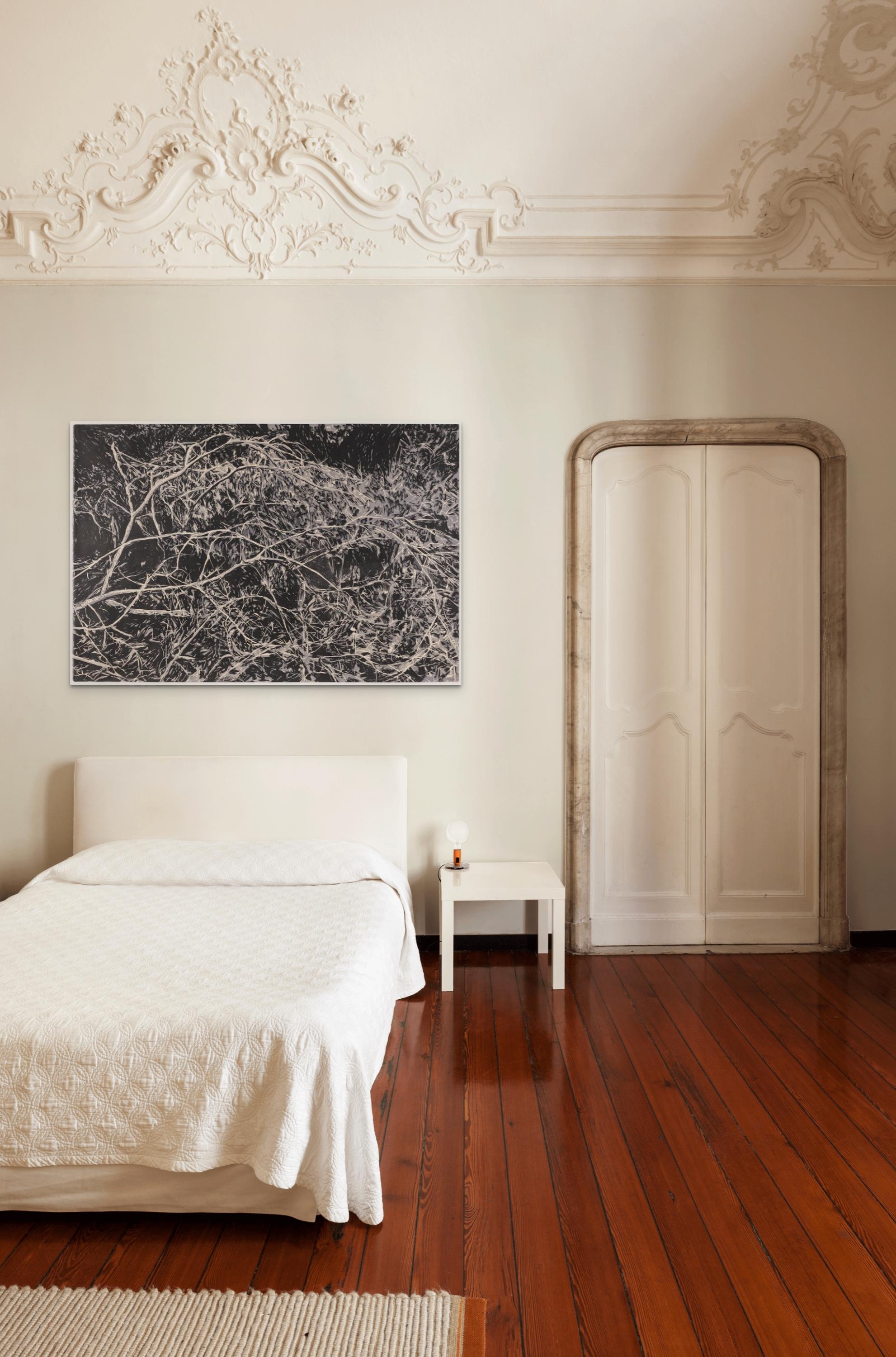 Whirl - Large Print of Tangled Branches with Foliage in Black and Gray For Sale 3