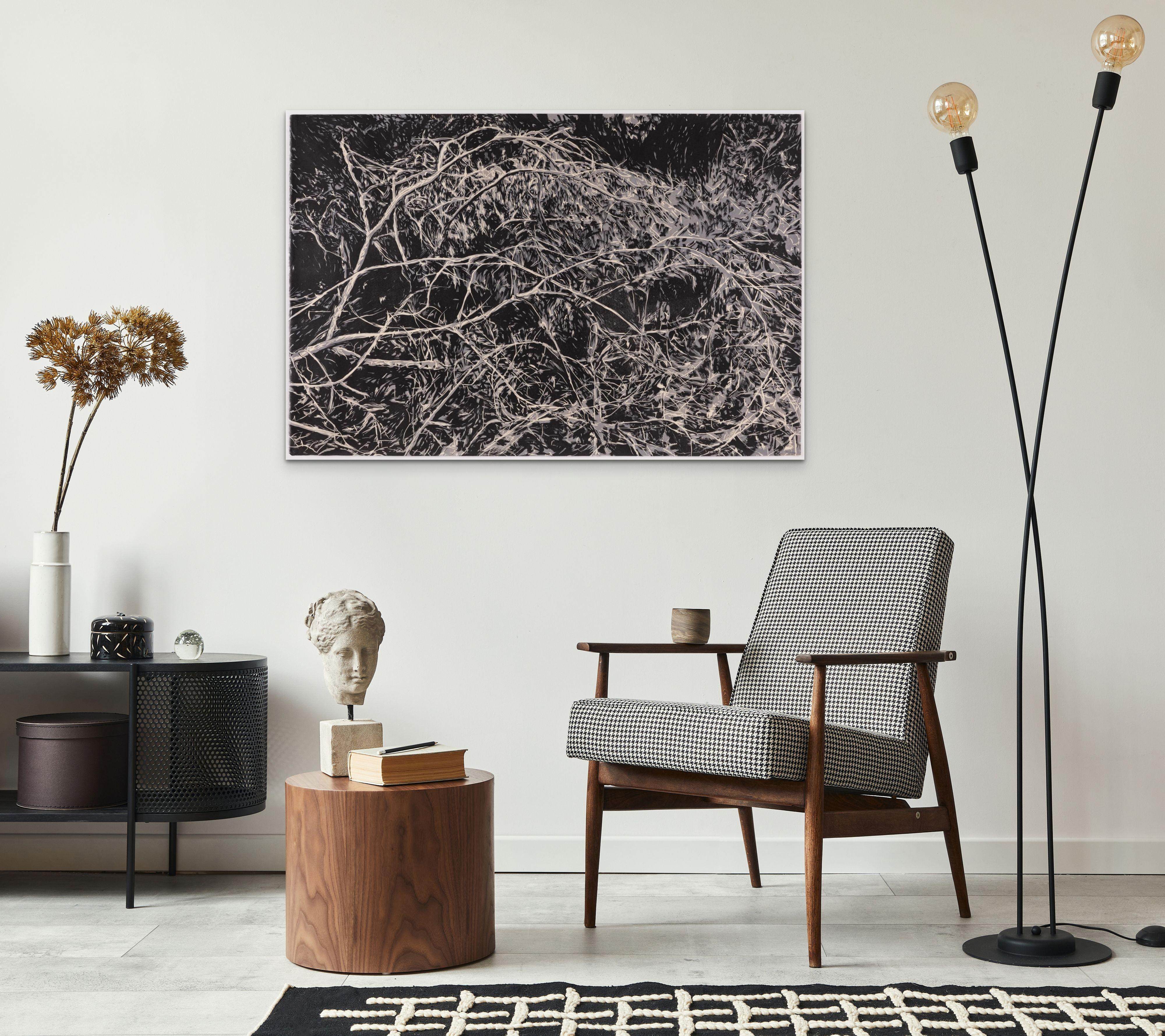 Whirl - Large Print of Tangled Branches with Foliage in Black and Gray For Sale 4