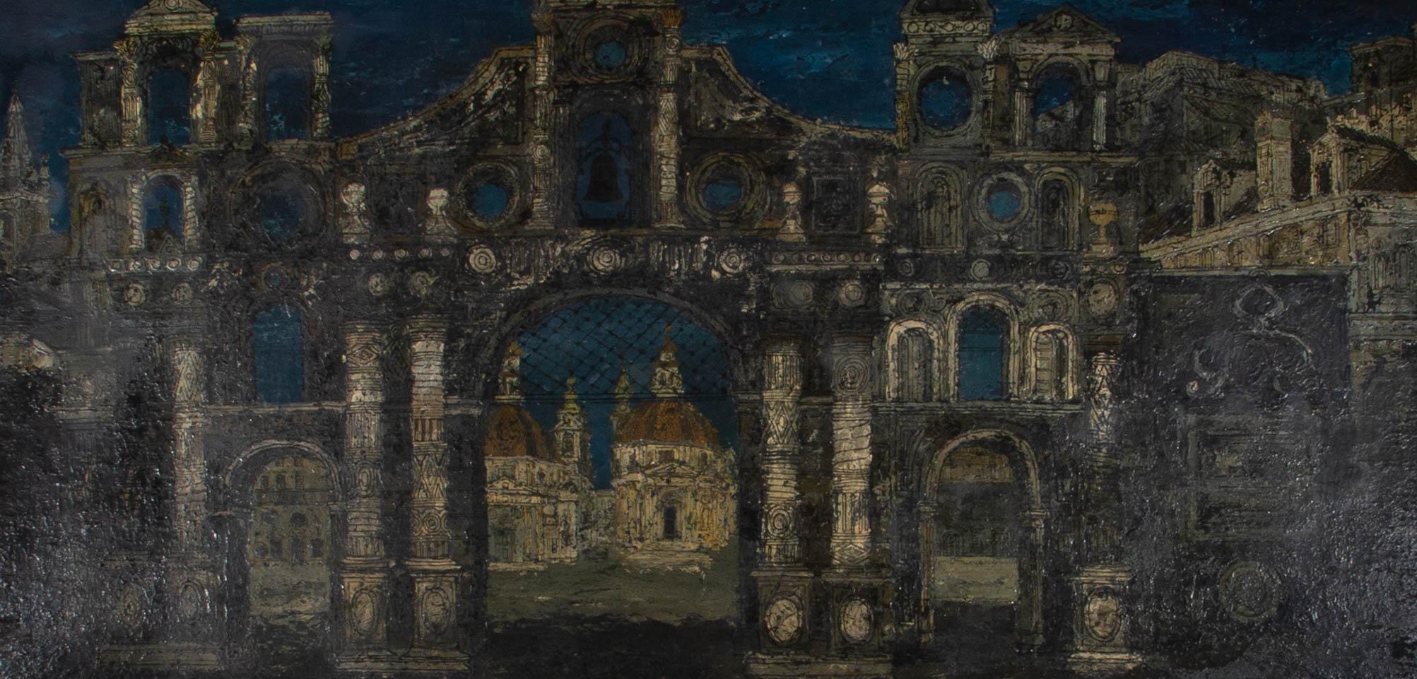 A very large and imposing architectural view of the facade of an imposing city wall. The artist has used a mix of oil and acrylic ink to create graphic line work and dark atmosphere. The artist has signed to the lower right and the painting has been