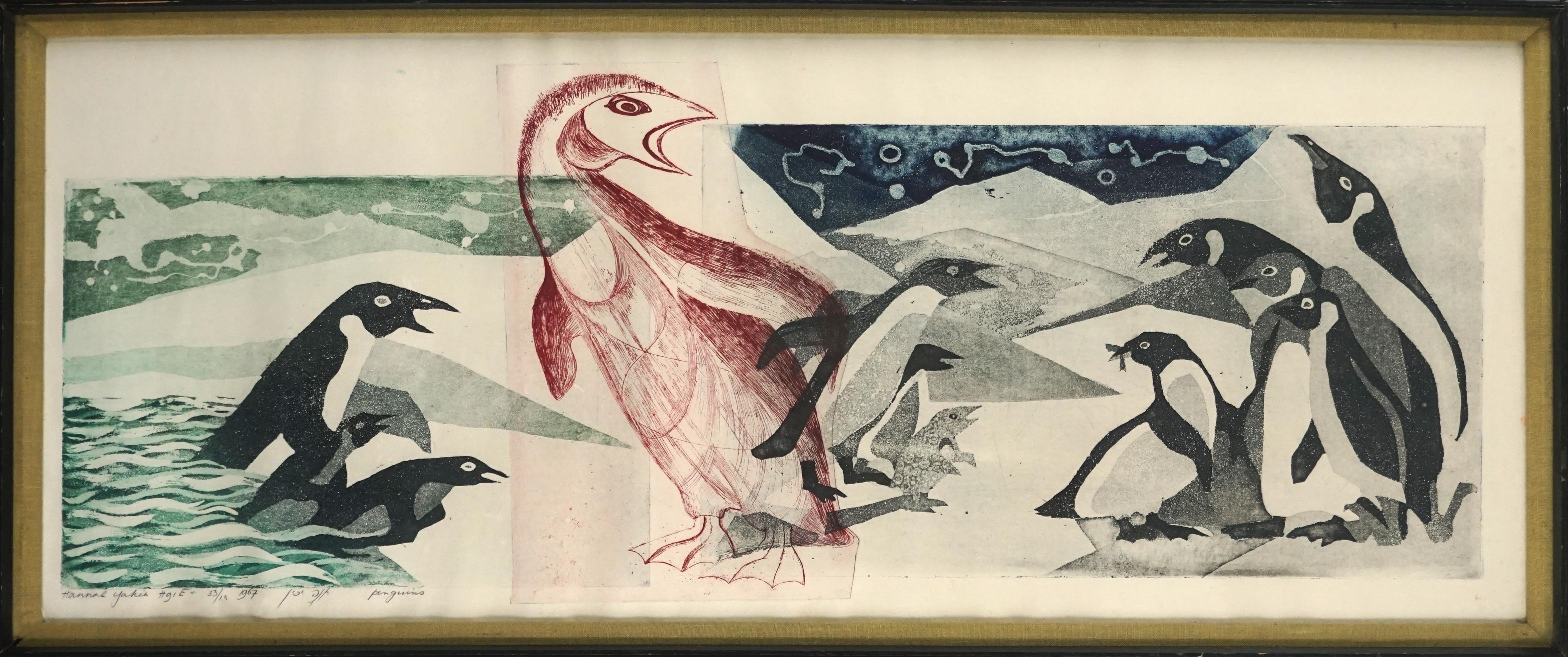 Peinture en bois du milieu du siècle - Penguins sauvages 13/33 - Print de Hannah Yakin