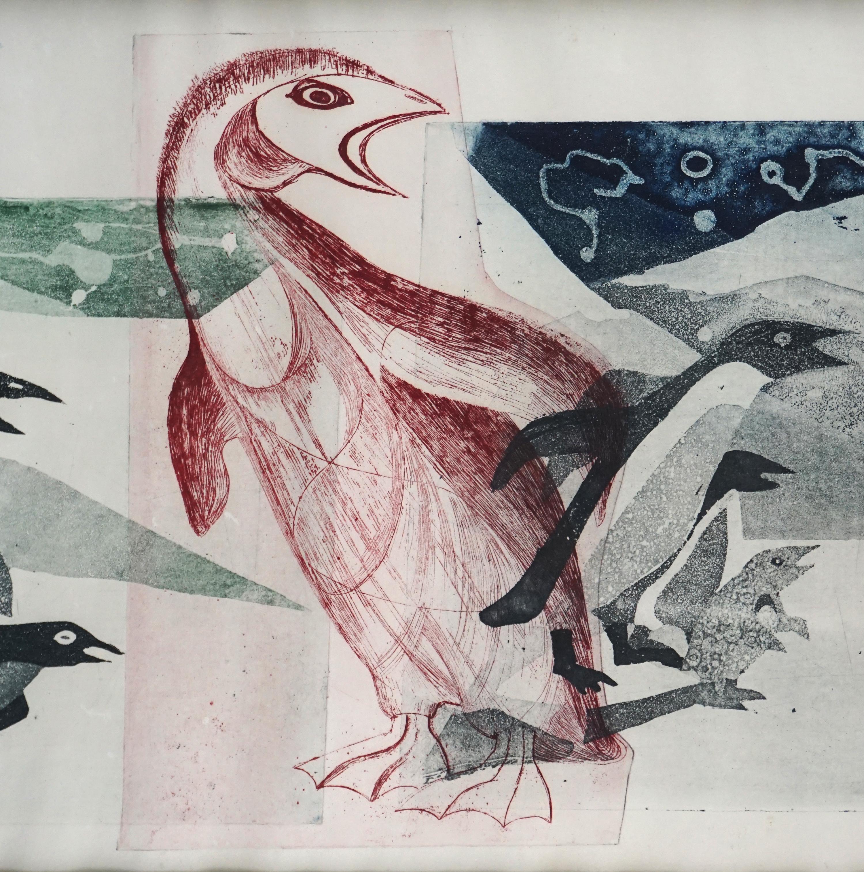 Peinture en bois du milieu du siècle - Penguins sauvages 13/33 - Moderne Print par Hannah Yakin