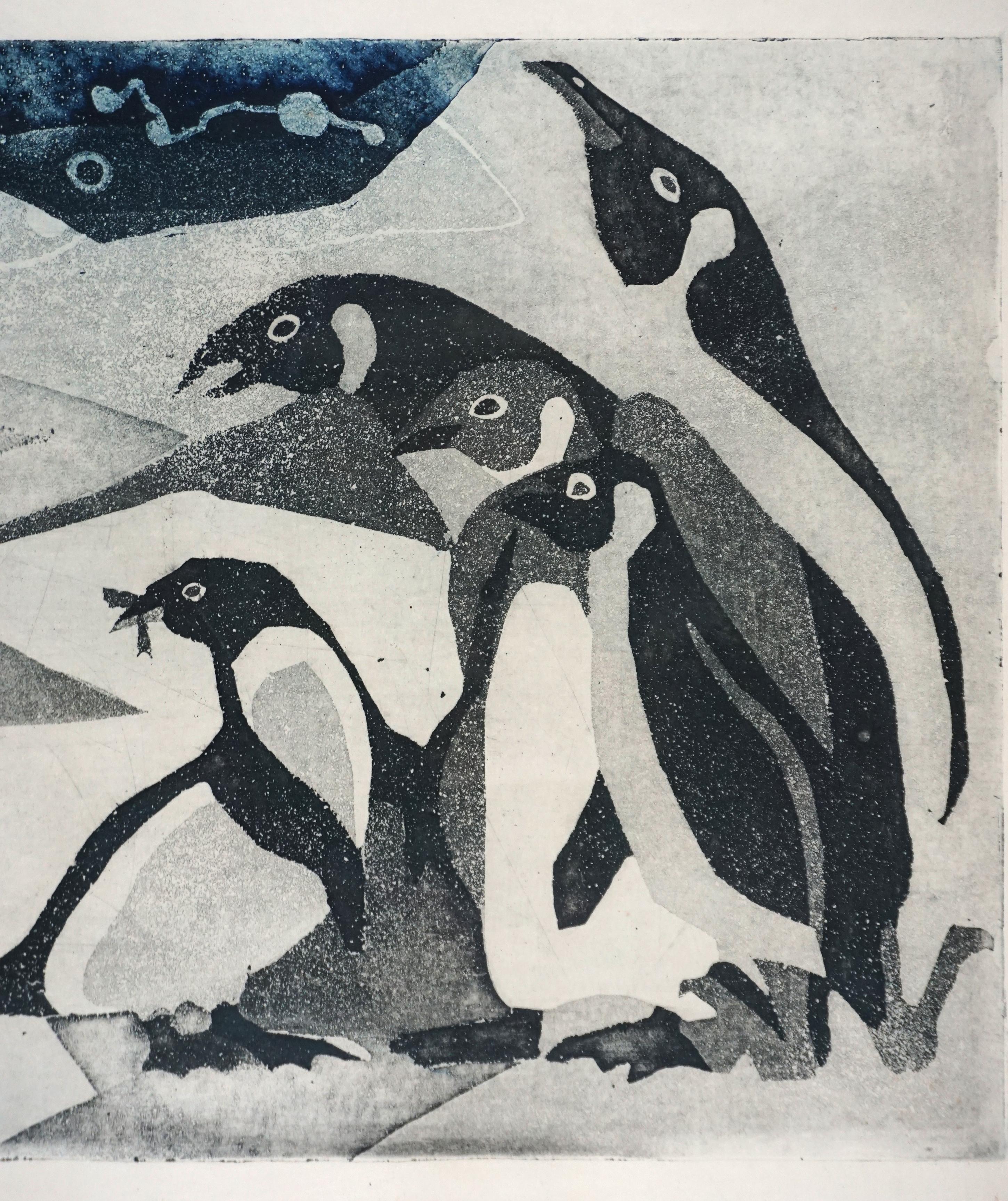 Peinture en bois du milieu du siècle - Penguins sauvages 13/33 - Beige Animal Print par Hannah Yakin
