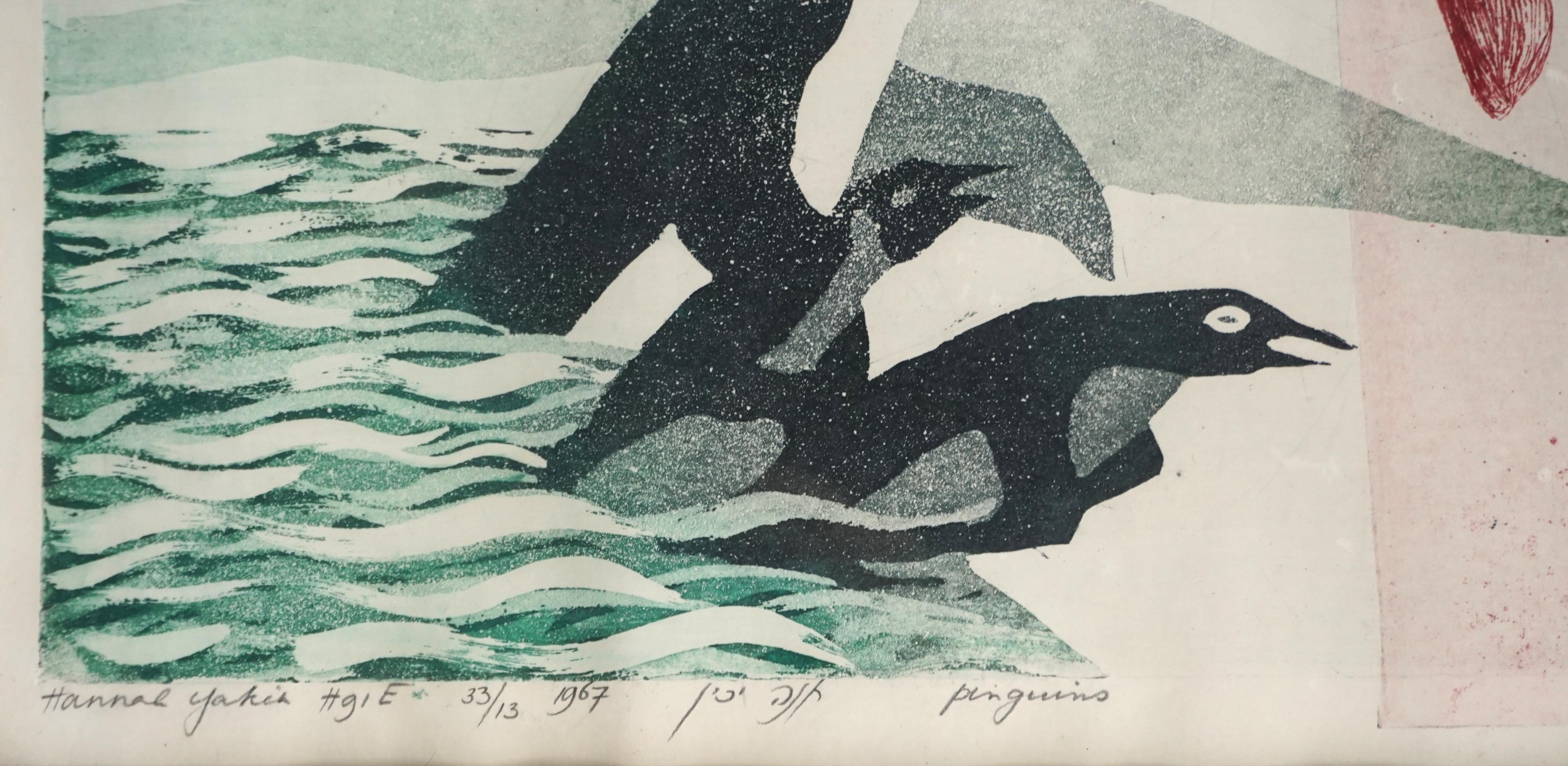 Mid Century Wood Cut -- Wild Penguins 13/33 - Modern Print by Hannah Yakin
