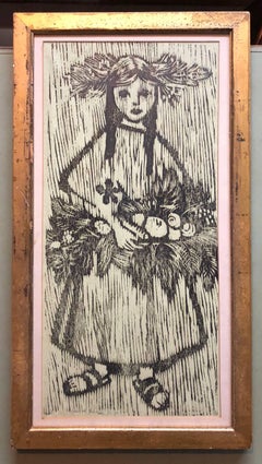 Unique Woodcut Print Girl with Flowers Monoprint Israeli Dutch Woman Artist