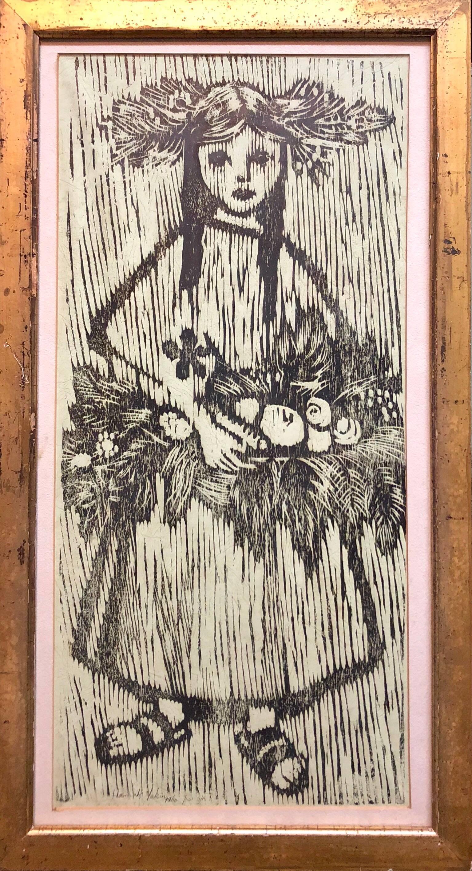 Hannah Yakin Figurative Print - Unique Woodcut Print Girl with Flowers Monoprint Israeli Dutch Woman Artist