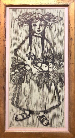 Unique Woodcut Print Girl with Flowers Monoprint Israeli Dutch Woman Artist