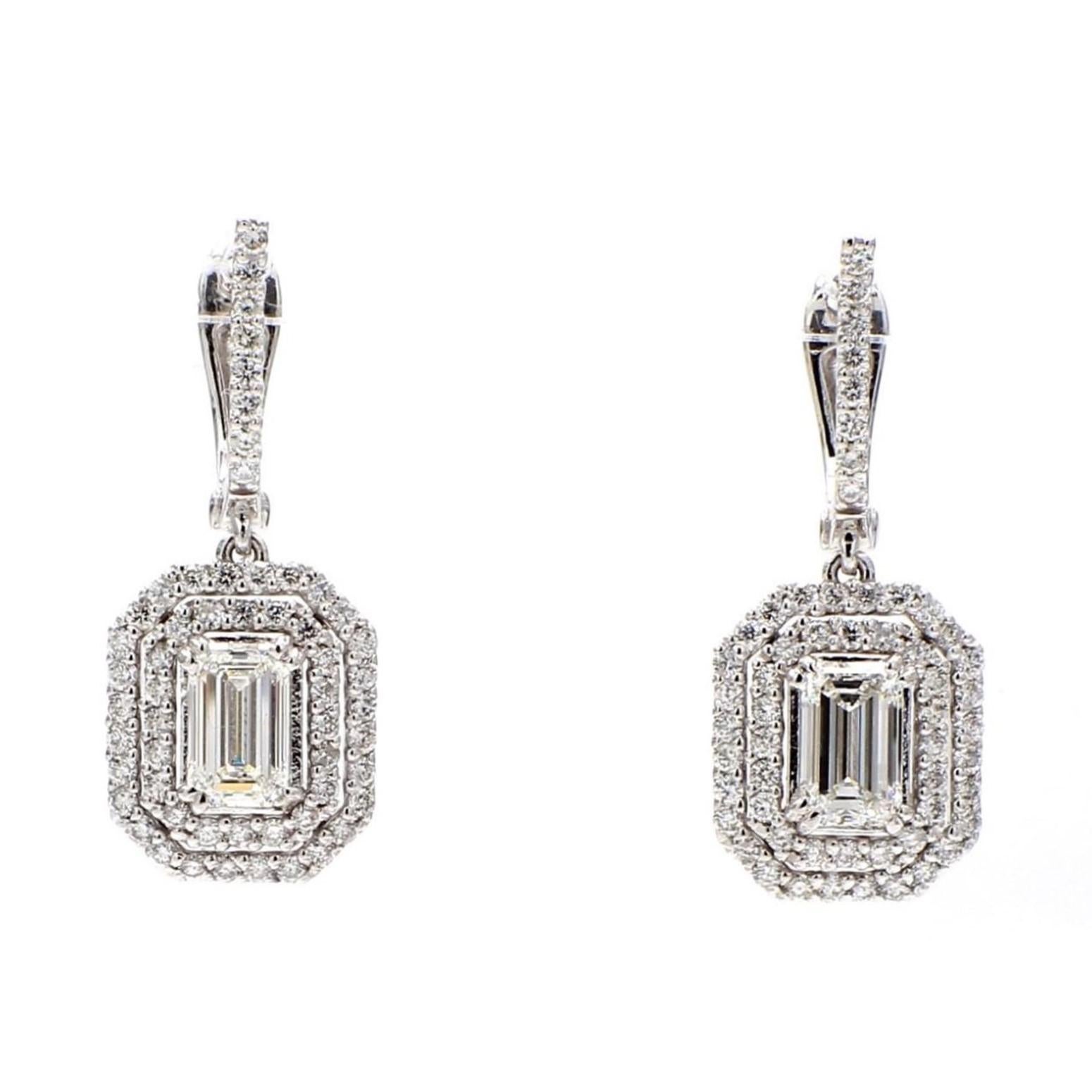 Modern Opalize Halo Drop 14K White Gold Round Diamond Earrings For Sale