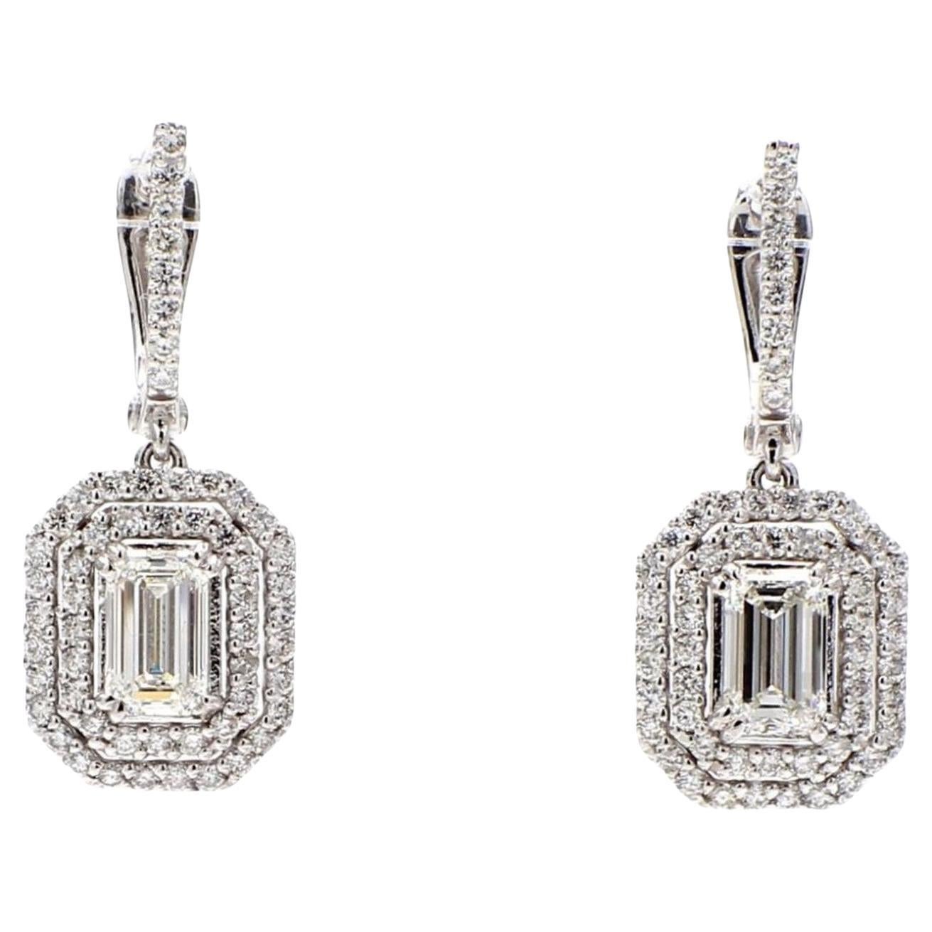 Opalize Halo Drop 14K White Gold Round Diamond Earrings