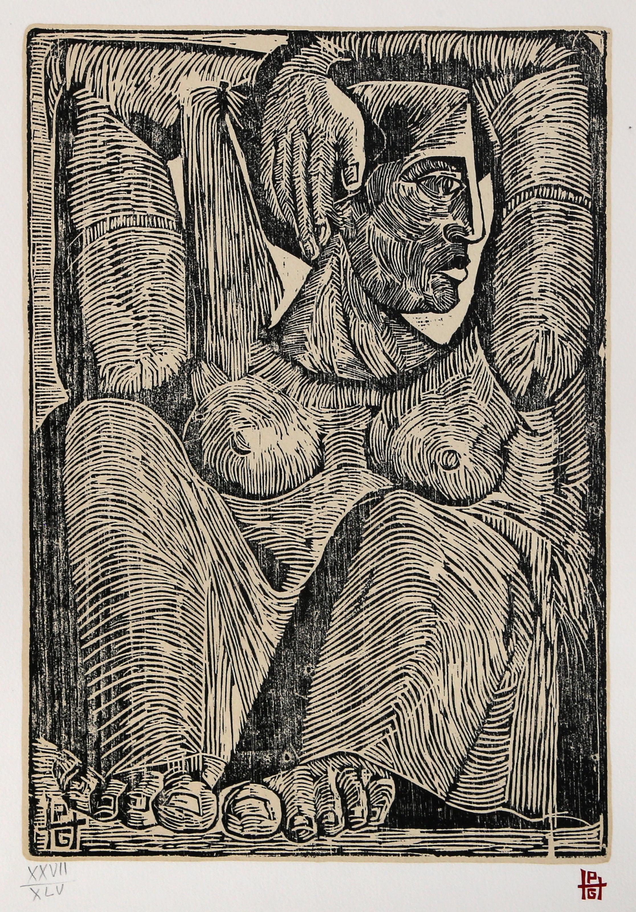 „Maternidad“, signierter moderner Holzschnitt-Siebdruck von Pedro Hanne Gallo