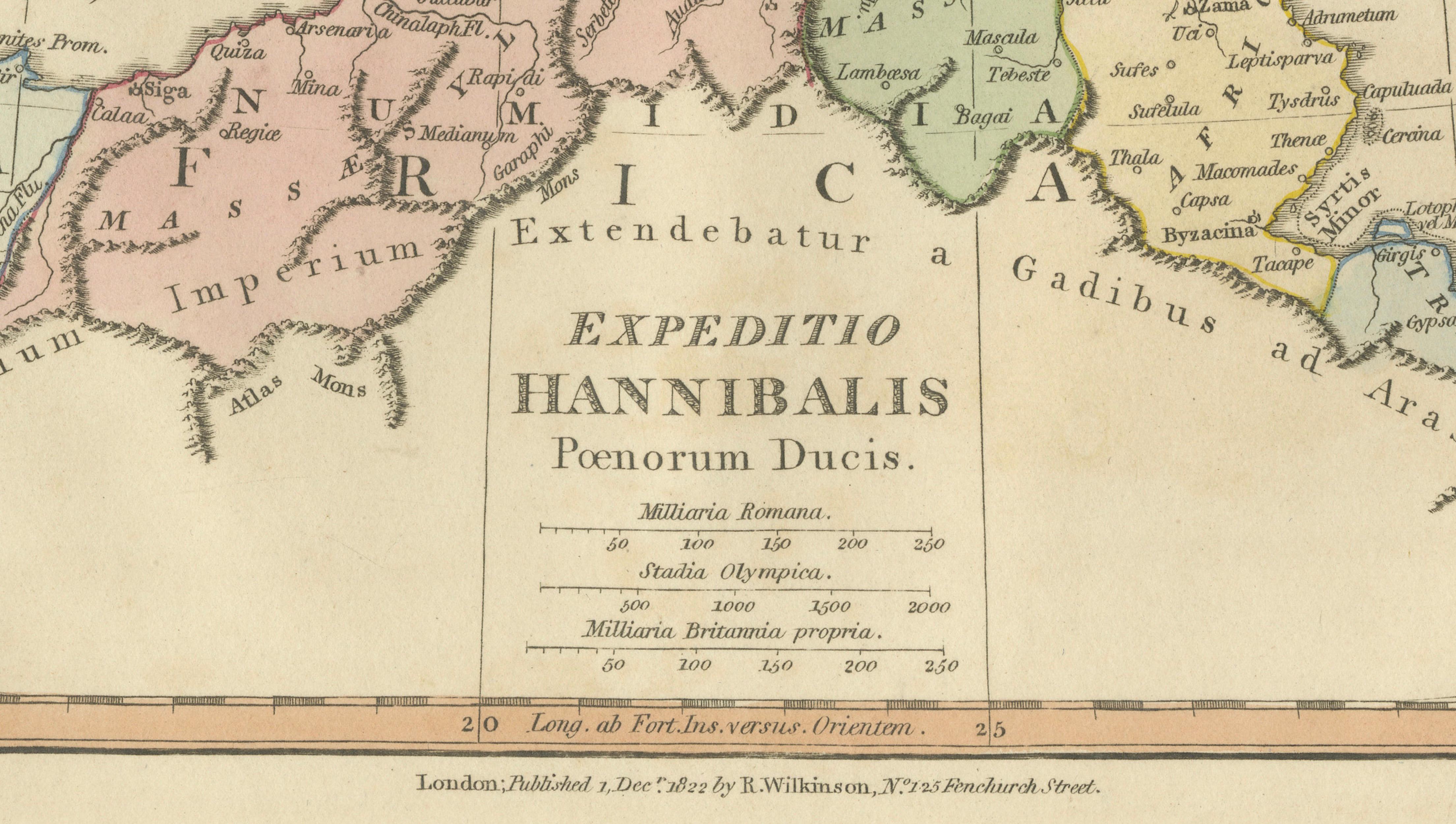 Hannibal’s Campaign Map, Spain to Italy via Alps, Wilkinson London 1817