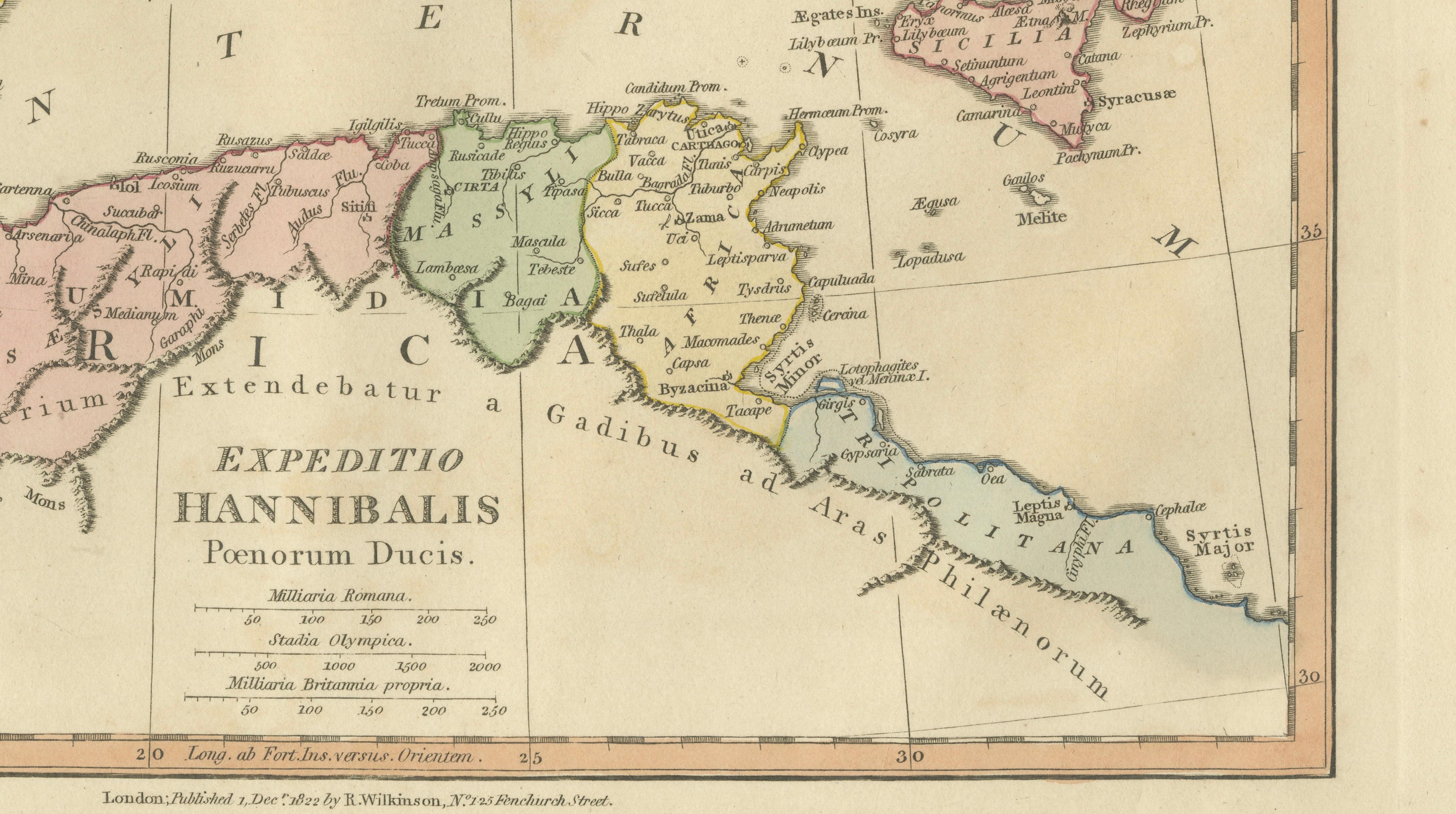 Hannibal’s Campaign Map, Spain to Italy via Alps, Wilkinson London 1817