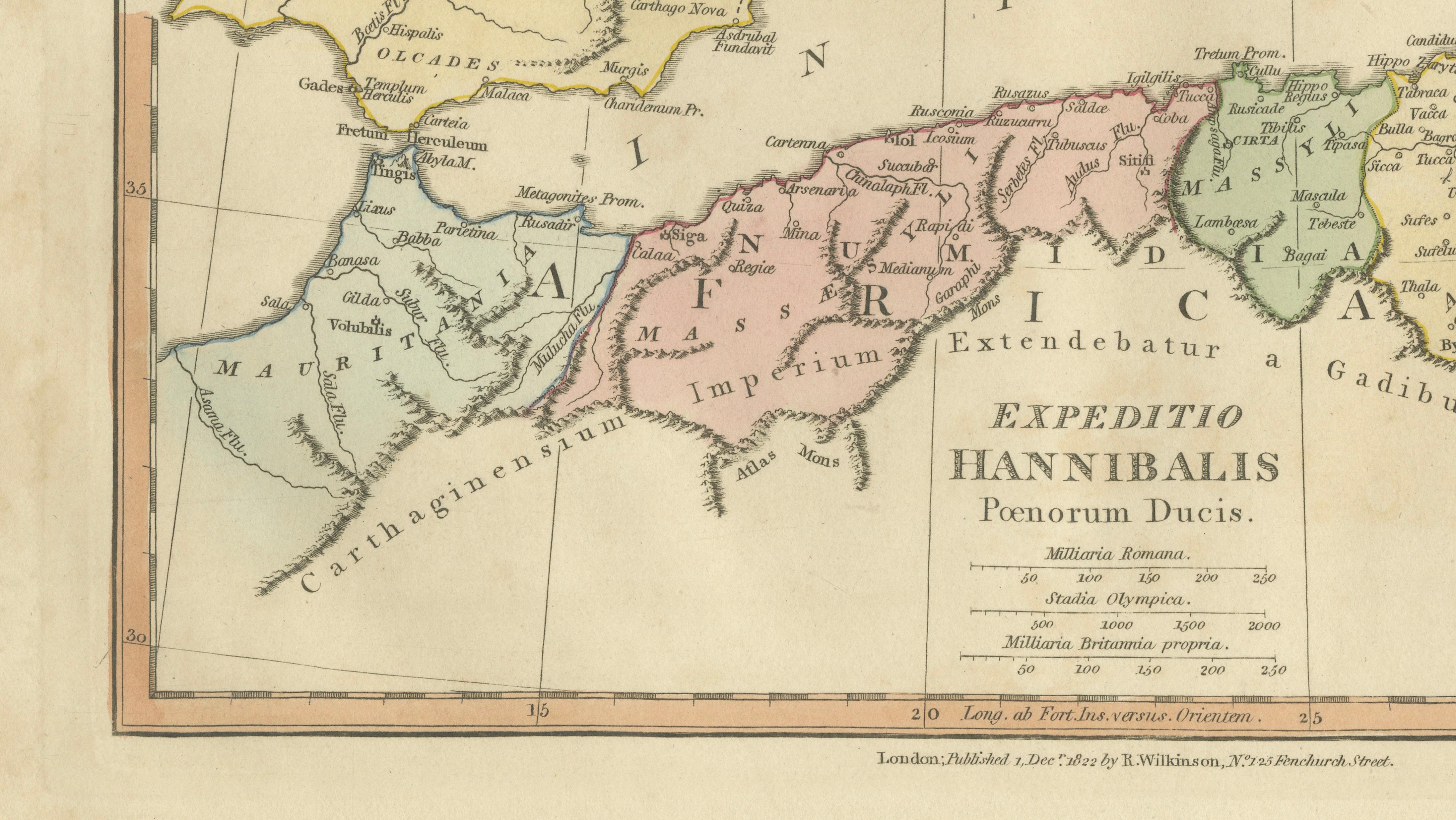 Hannibal’s Campaign Map, Spain to Italy via Alps, Wilkinson London 1817