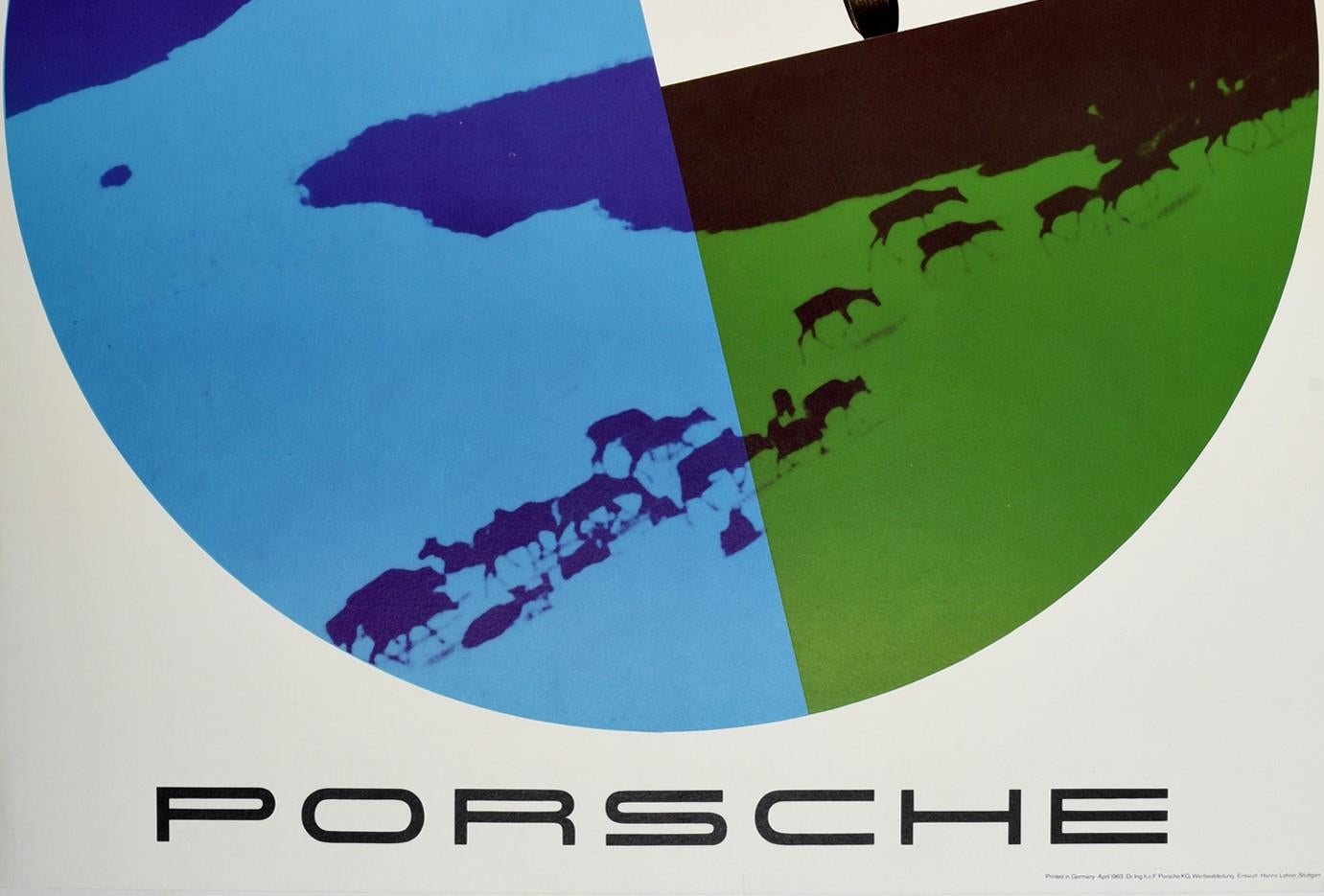 Original Vintage-Poster, Porsche 356 Sportwagen „Öffnet Die Welt“ (Blau), Print, von Hanns Lohrer