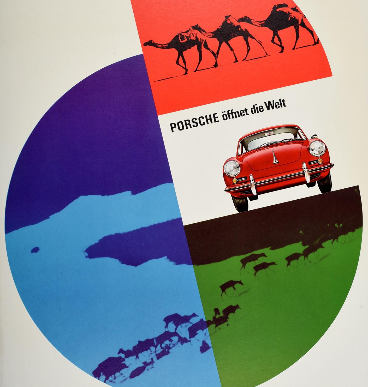 Originales, seltenes, frühes Oldtimer-Werbeplakat für Porsche - Offnet die Welt - mit einem kühnen grafischen Entwurf von Hanns Lohrer (1912-1995), der in den 1950er- und 1960er-Jahren weltweit an der visuellen Identität der Marke Porsche arbeitete.