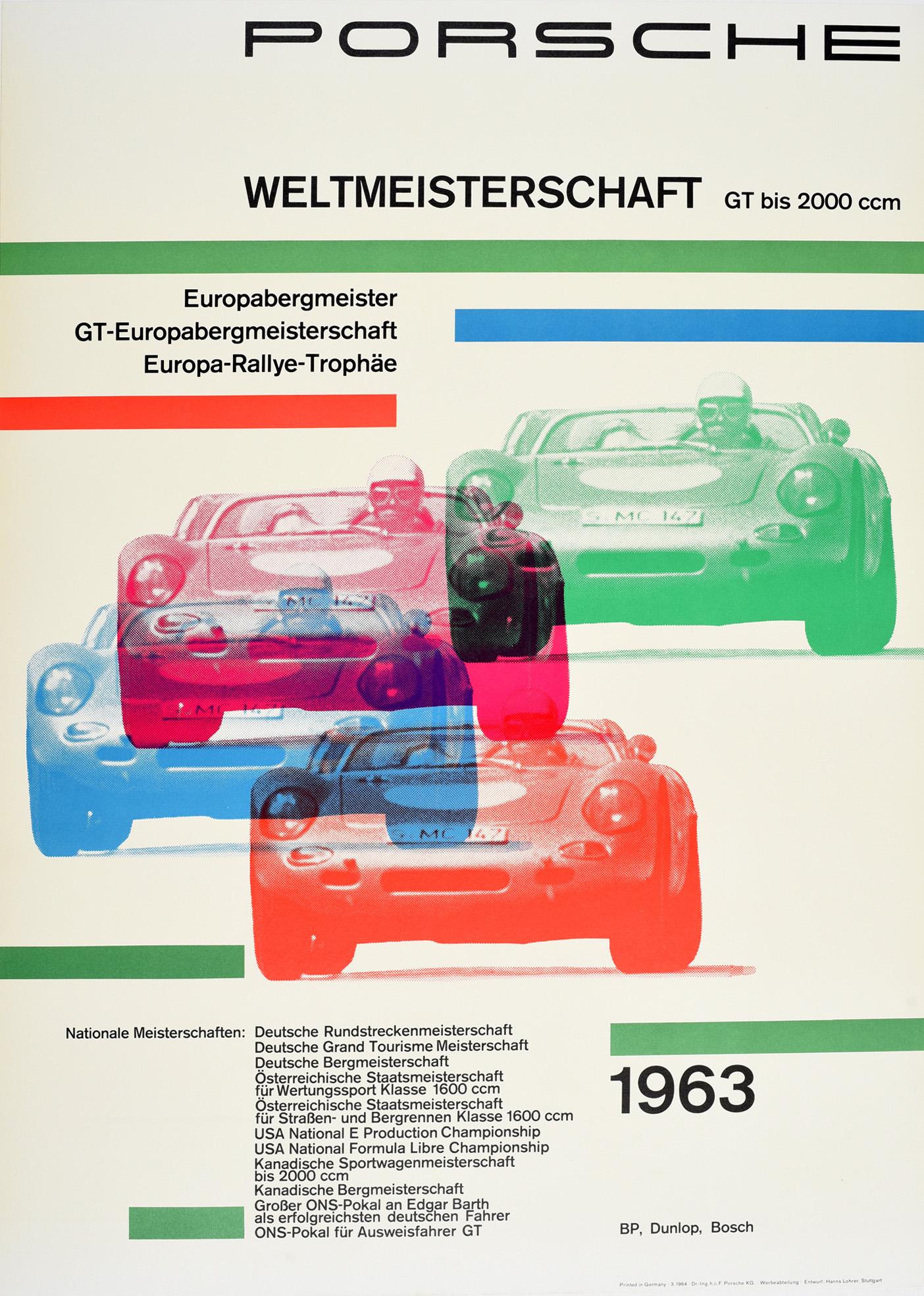 Hanns Lohrer Print - Original Vintage Poster Porsche World Championship 1963 Auto Racing Rally Trophy