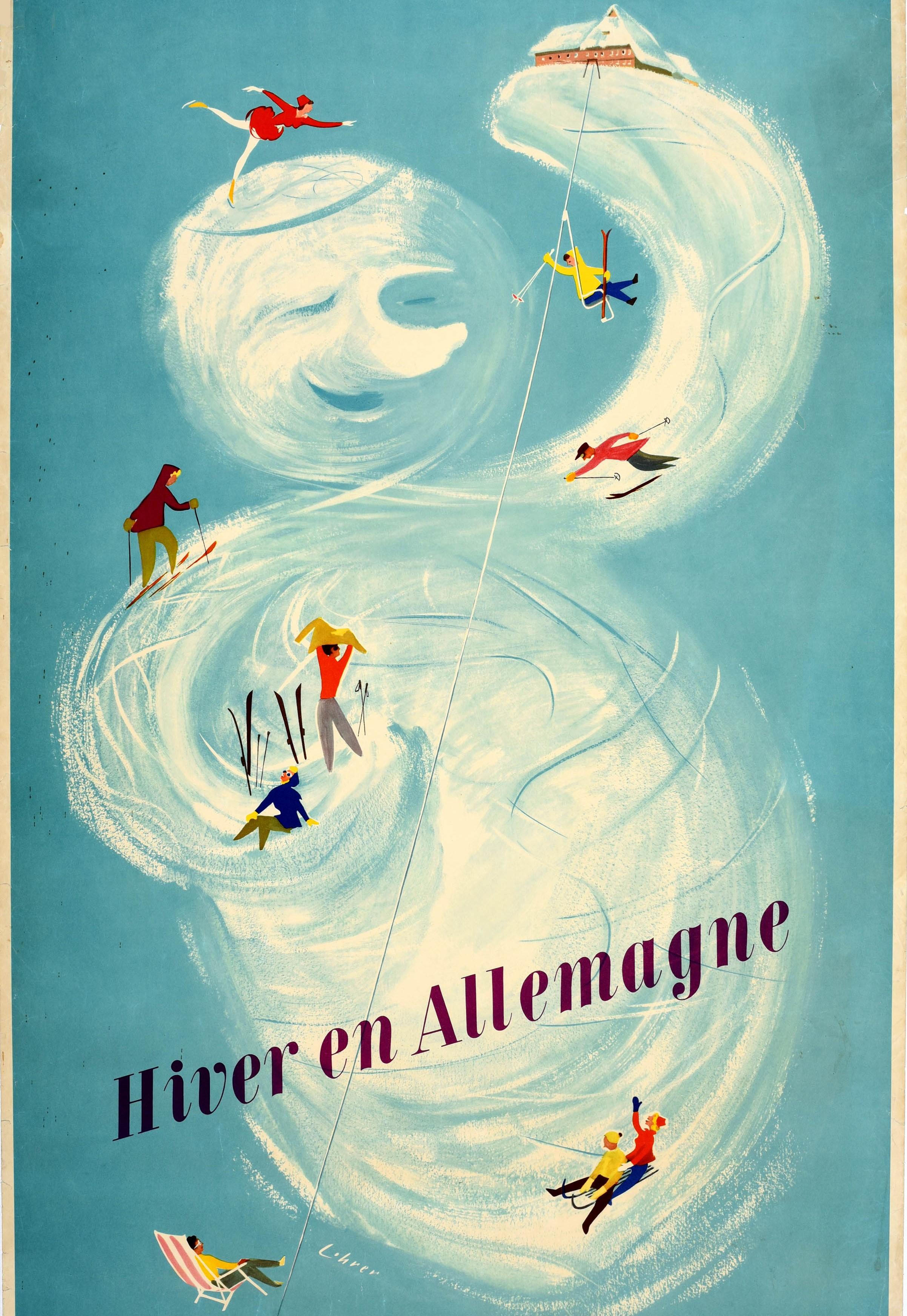 Original vintage ski and winter sport travel poster - Winter in Germany / Hiver en Allemagne - featuring a fun design by Hanns Lohrer (1912-1995) depicting people enjoying winter sports and skiing on a snowy ski slope in the shape of a smiling