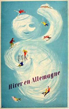 Original Retro Ski Poster Hiver En Allemagne Germany Winter Ice Skating Sledge