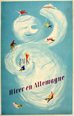 Affiche de ski vintage d'origine Hiver En Allemagne, Skating sur glace d'hiver