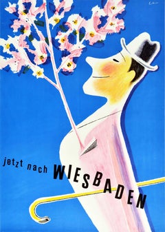 Original Vintage Travel Poster Wiesbaden Germany Spa Flower Blossom Tree Design