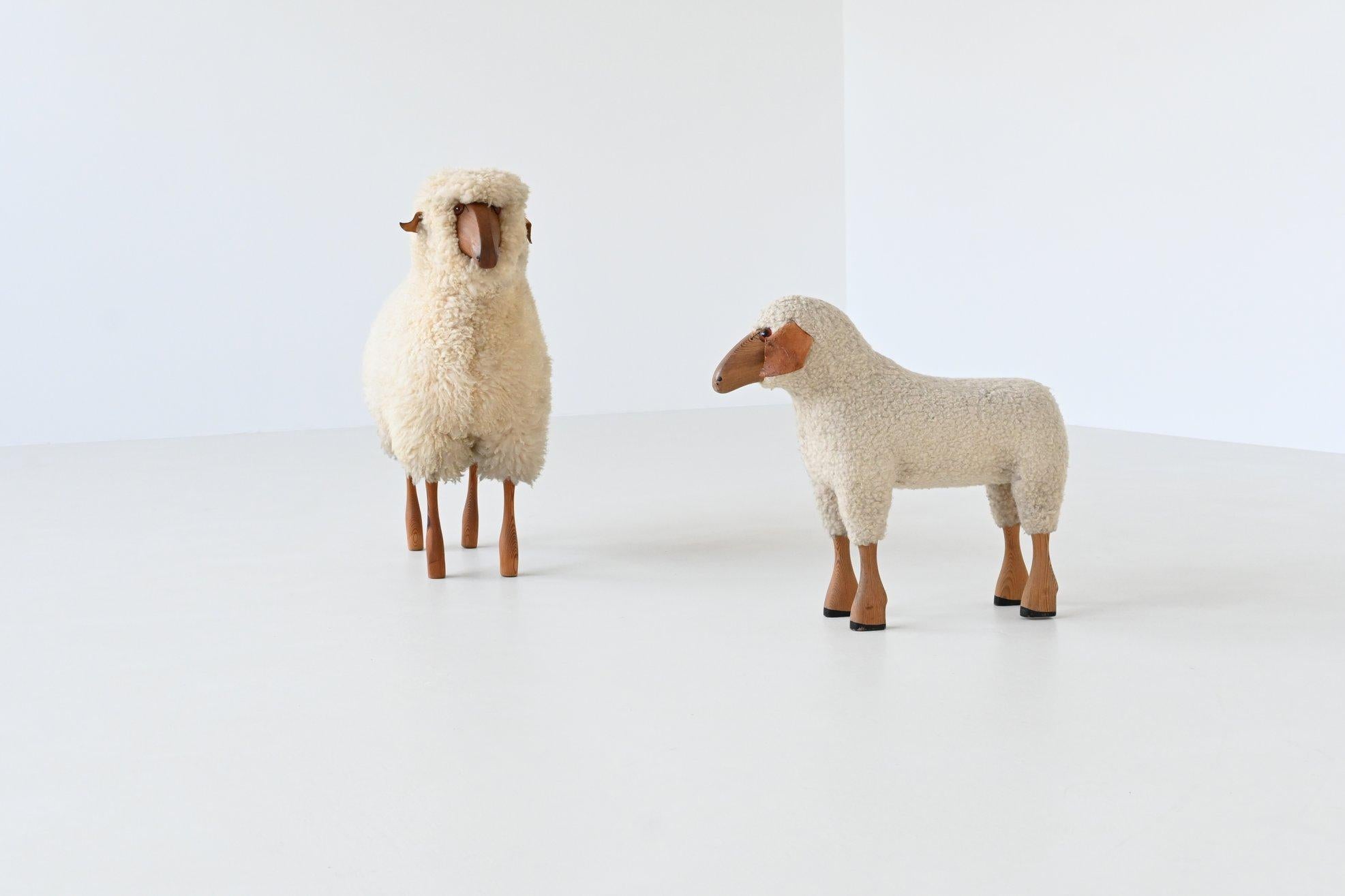 Very decorative handmade pair of sheep designed by Hanns Peter Krafft and manufactured by Meier, Germany 1970. These life-sized sheep show a clear inspiration drawn from Francois Xavier Lalanne’s iconic designs of the 1960s. They are made of carved