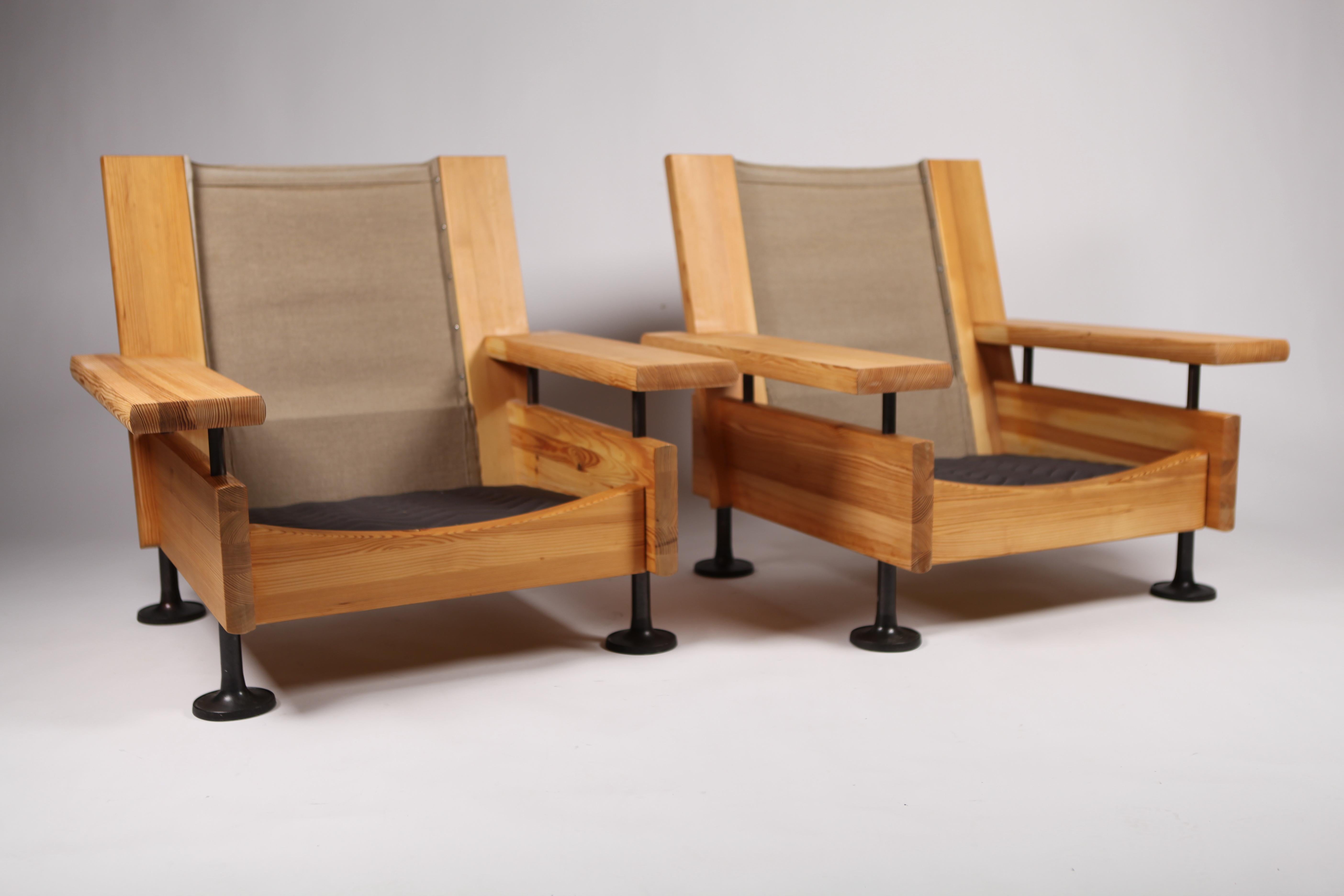 Hannu Jyräs, Pair of Unique Easy Armchairs in Oregon Pine and Leather, 1970s 13