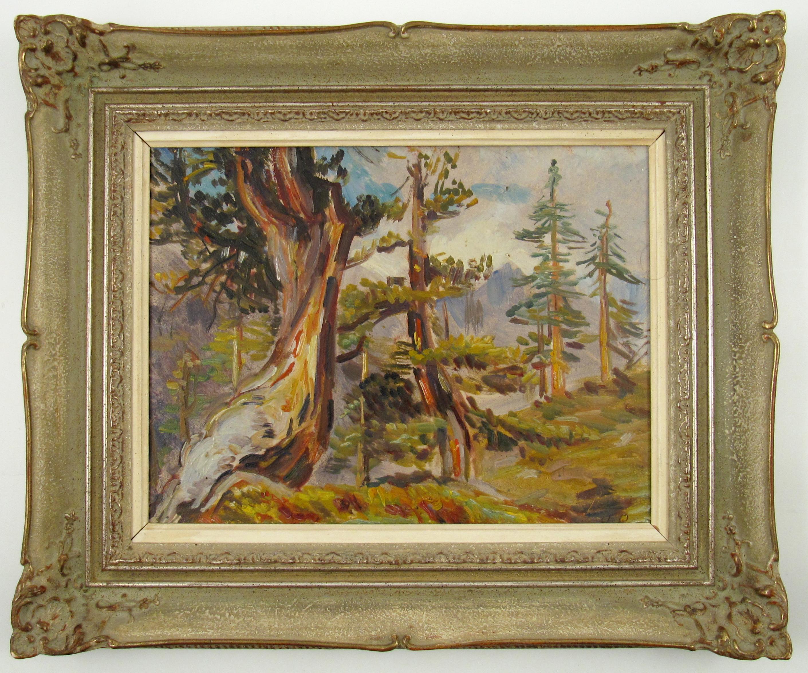 Hanni Bay ( Suisse, 1885 - 1978), Forêt alpine, peinture à l'huile sur carton