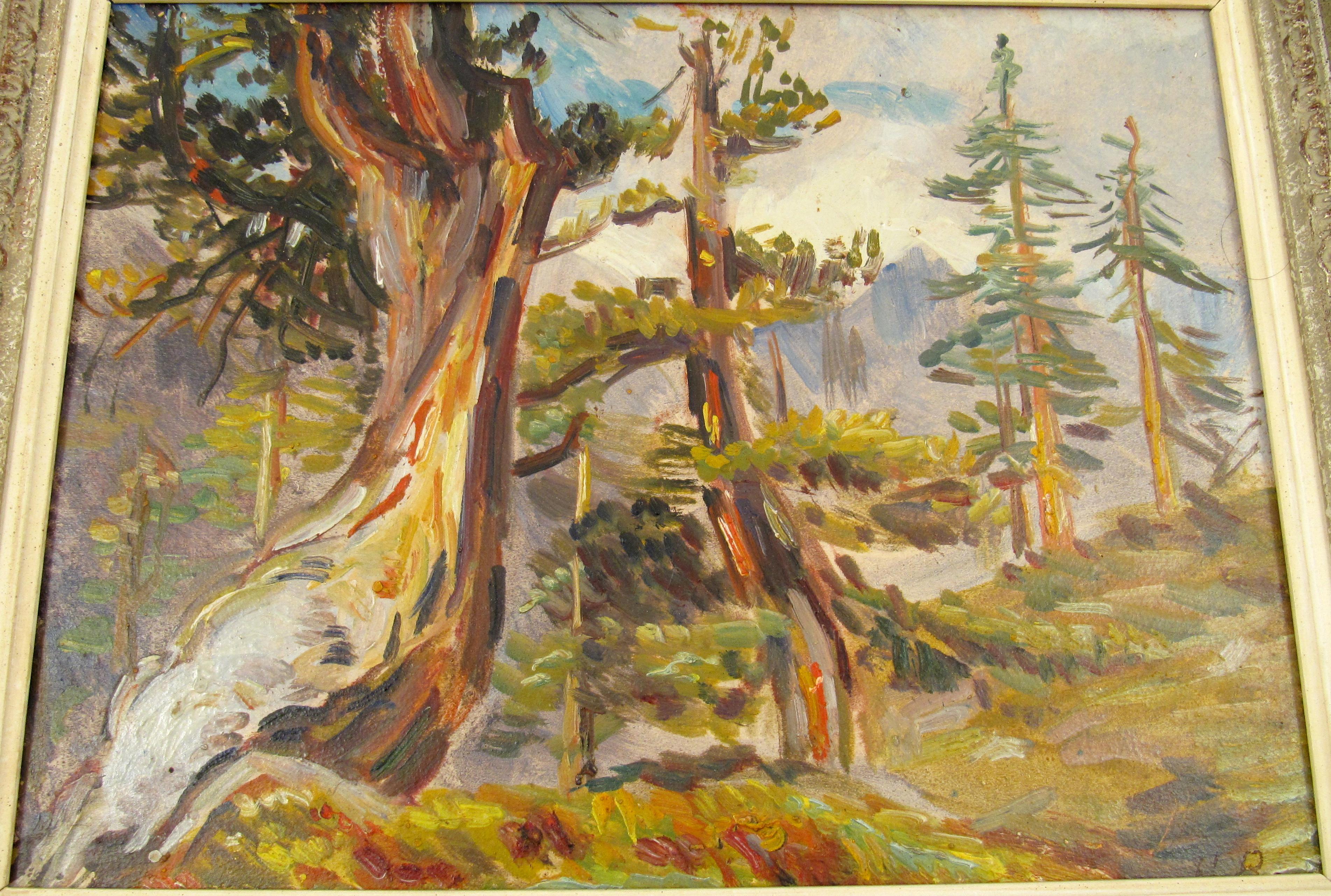 Hanni Bay (Schweiz, 1885 - 1978) Alpine Forrest, Schweiz, Ölgemälde auf Karton (Braun), Landscape Painting, von Hanny Bay