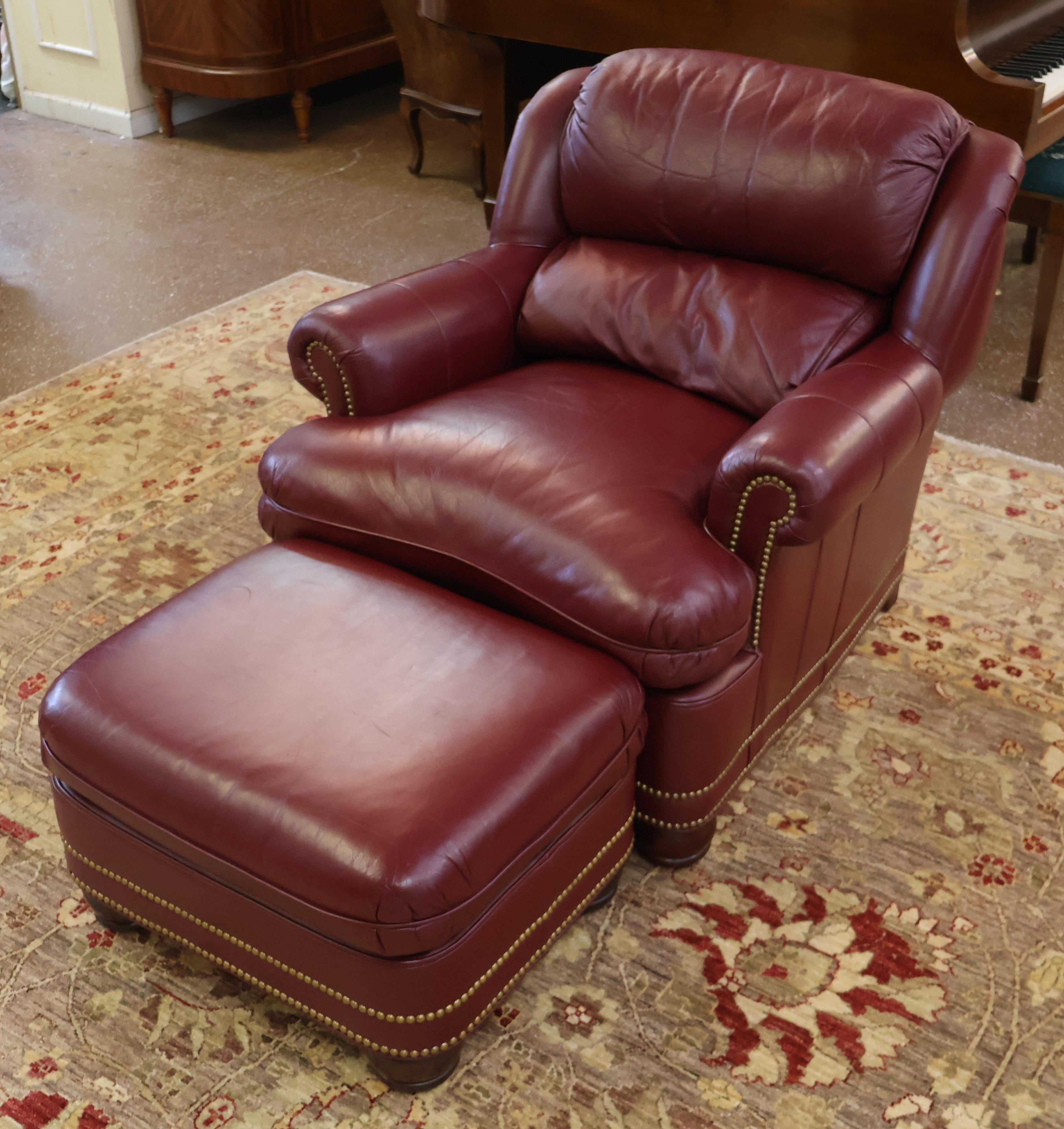 American Hanock and Moore Austin Burgundy Leather Lounge Chair & Ottoman For Sale