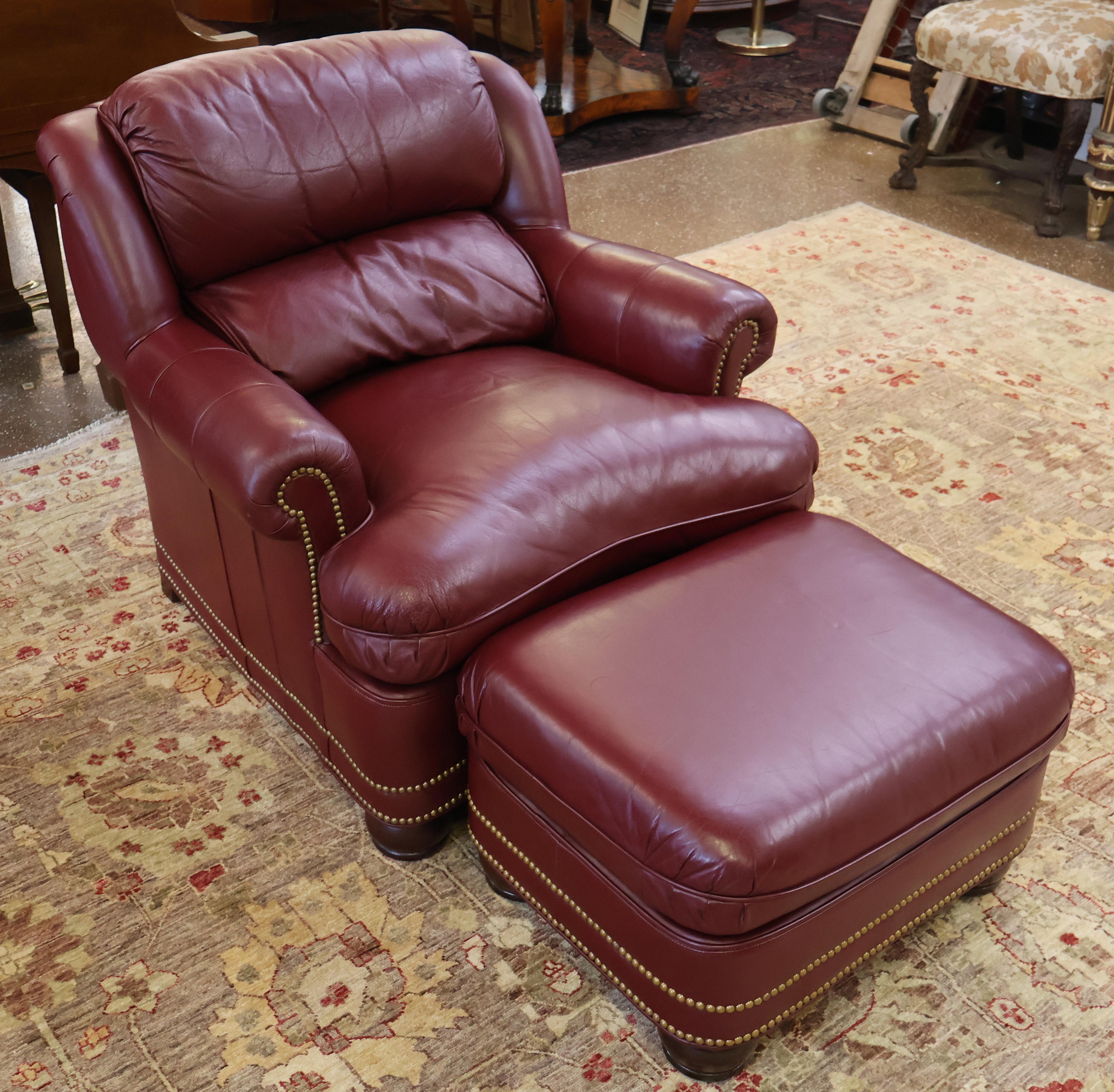 Hanock and Moore Austin Burgundy Leather Lounge Chair & Ottoman In Good Condition For Sale In Long Branch, NJ
