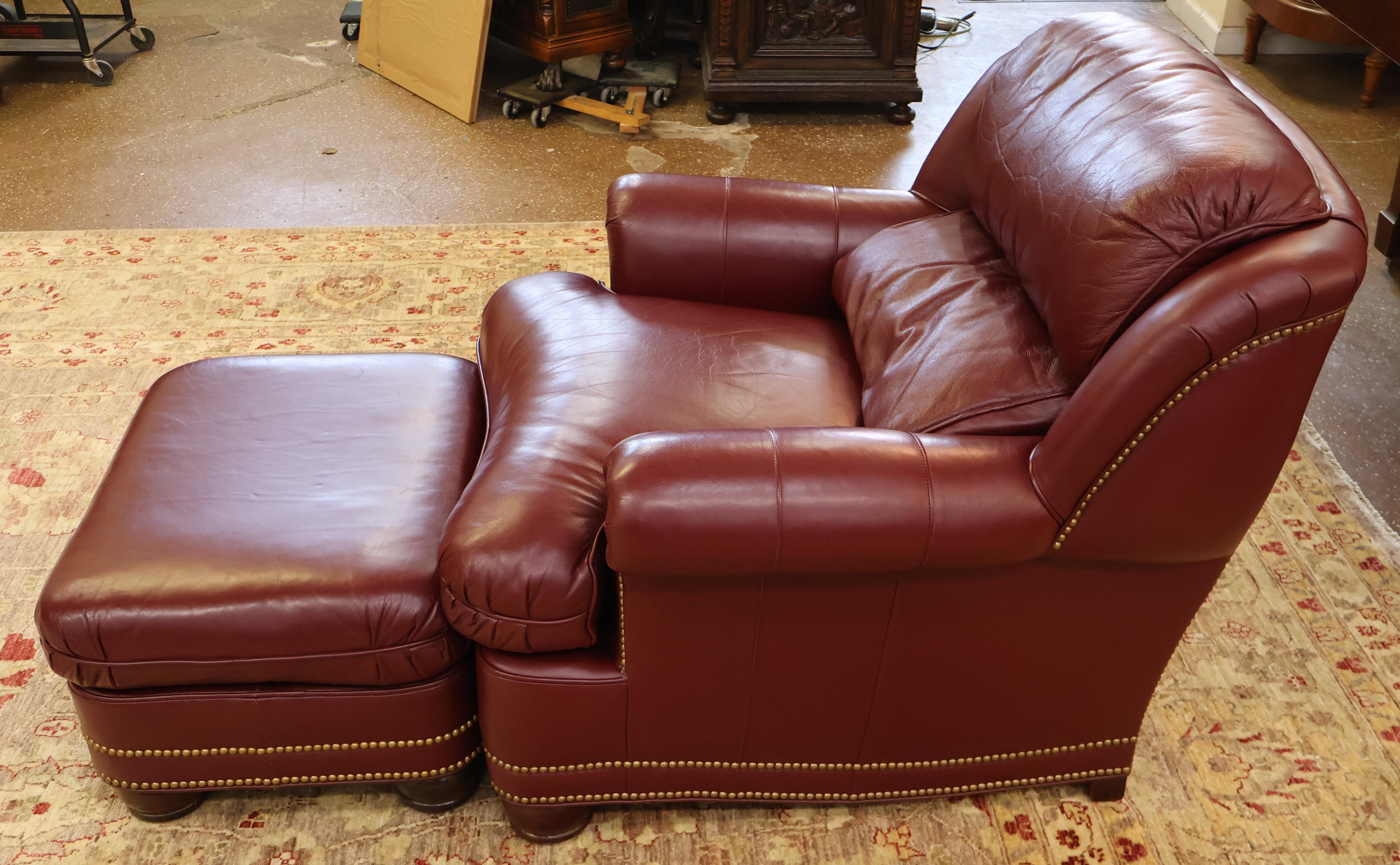 Hanock and Moore Austin Burgundy Leather Lounge Chair & Ottoman For Sale 1