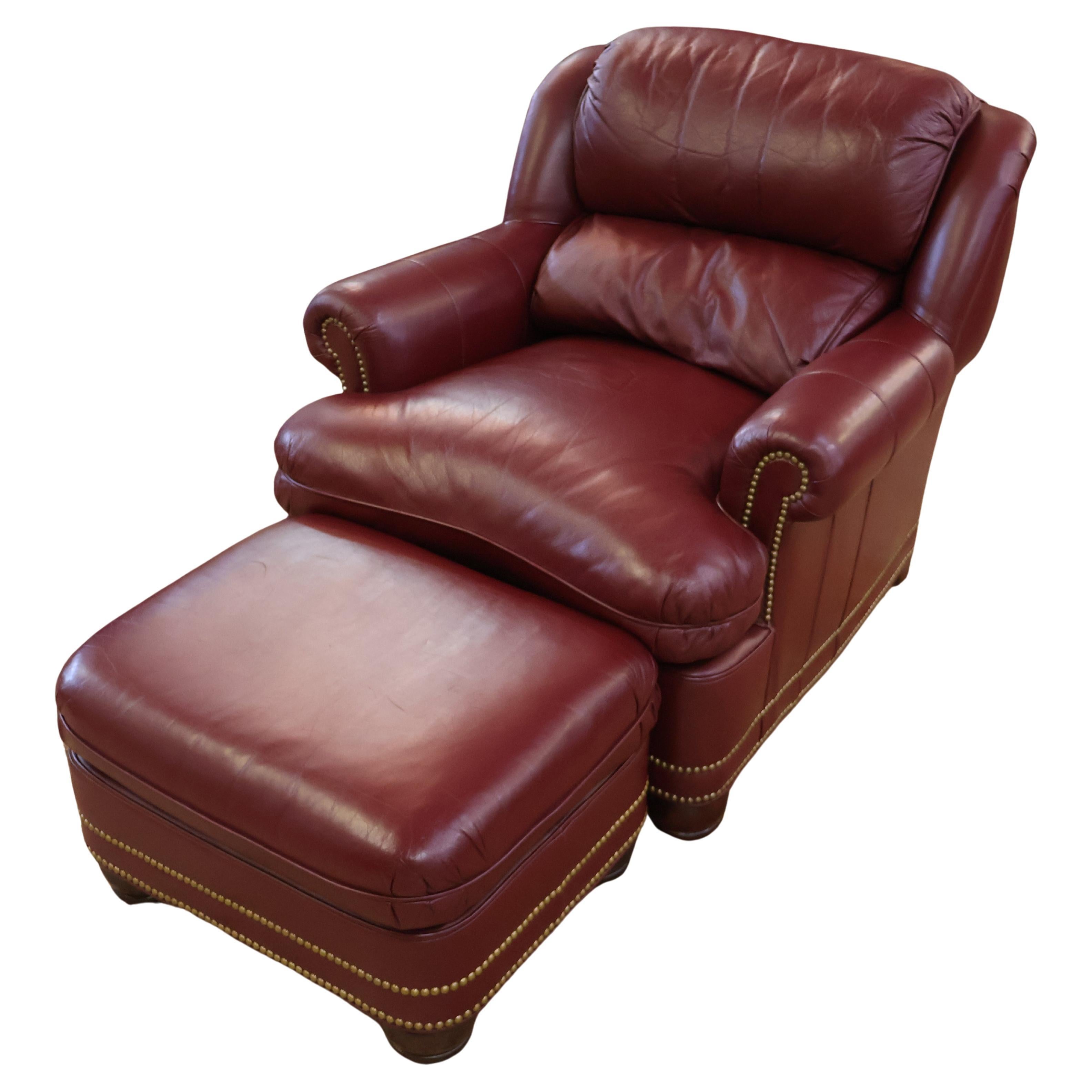 Hanock and Moore Austin Burgundy Leather Lounge Chair & Ottoman For Sale