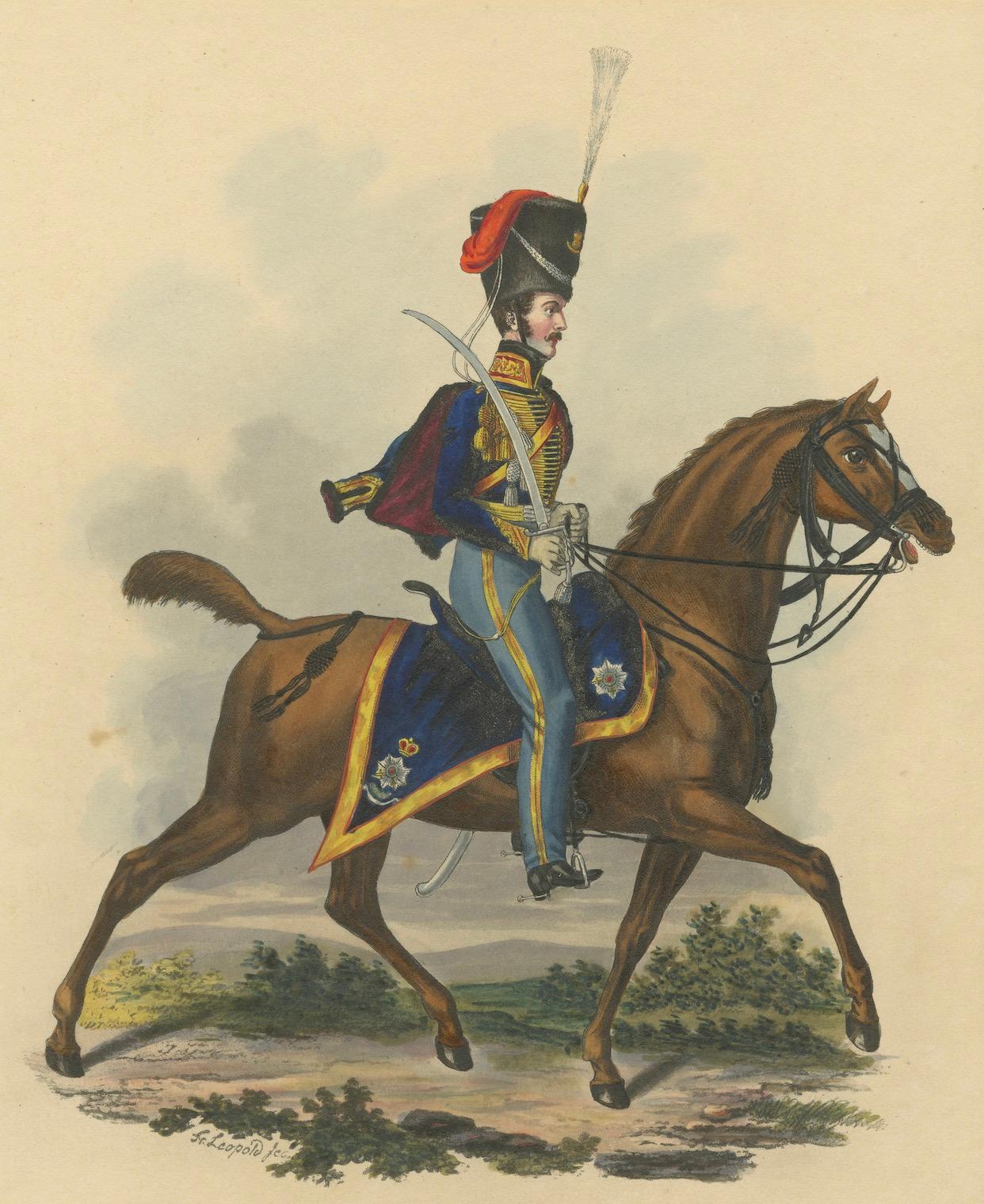 Hanoverian Guard Hussar Officer Elegance, 19th Century Military Print In Good Condition For Sale In Langweer, NL