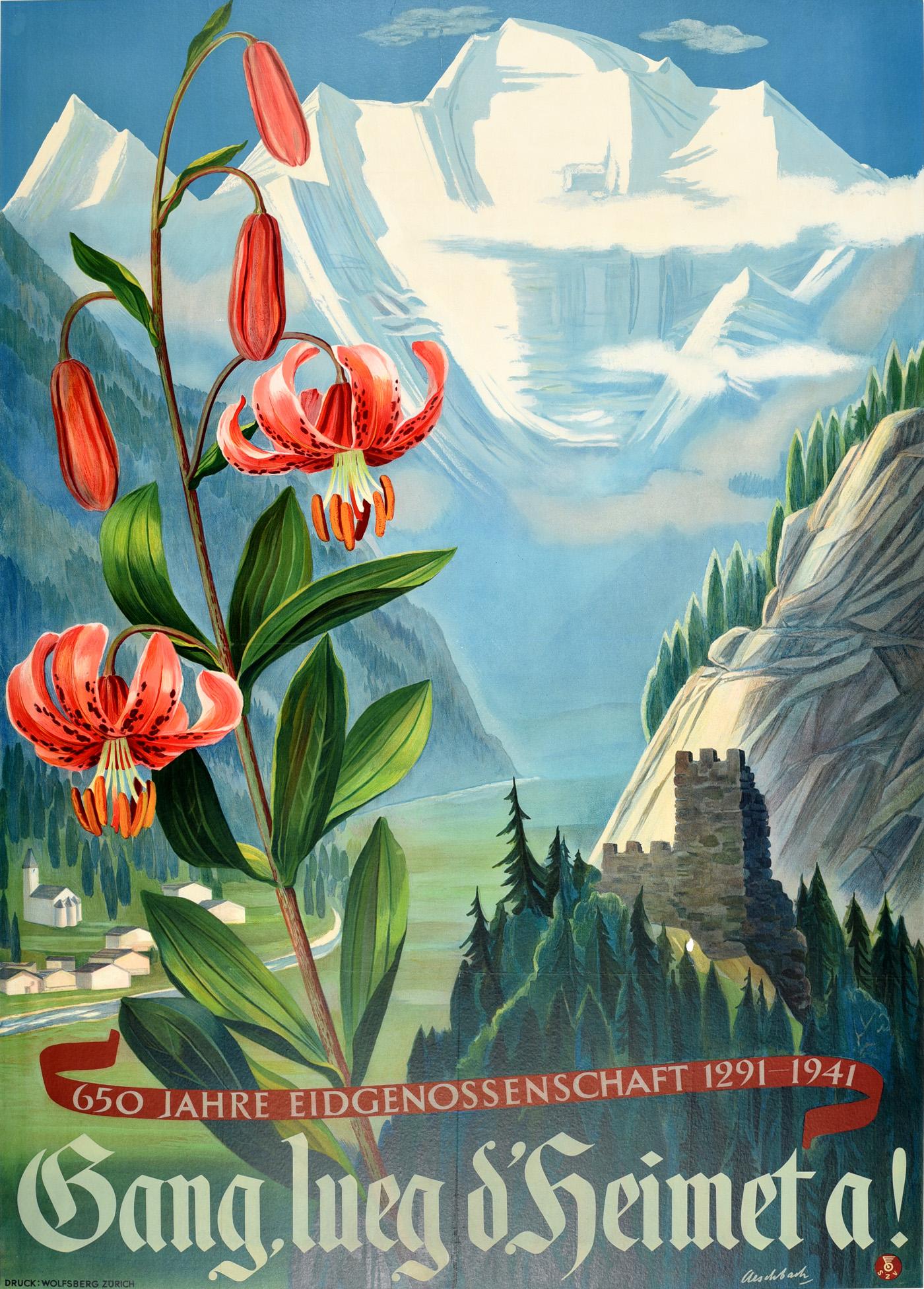 Hans Aeschbach Print - Original Vintage Poster 650 Years Swiss Confederation Mountain River Lily Flower