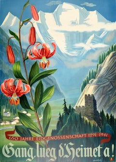 Original Vintage Poster 650 Years Swiss Confederation Mountain River Lily Flower