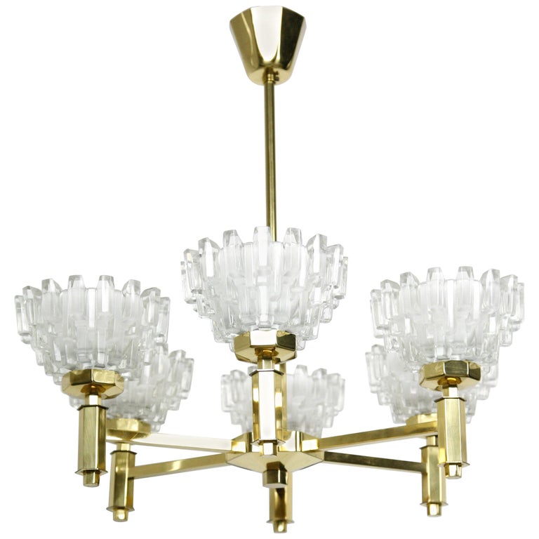 Swedish Brass Chandelier Crystal Glass Shades Sweden 1960 For At 1stdibs Swedish Brass Chandelier Crystal Glass, Chandelier With Crystal Shades
