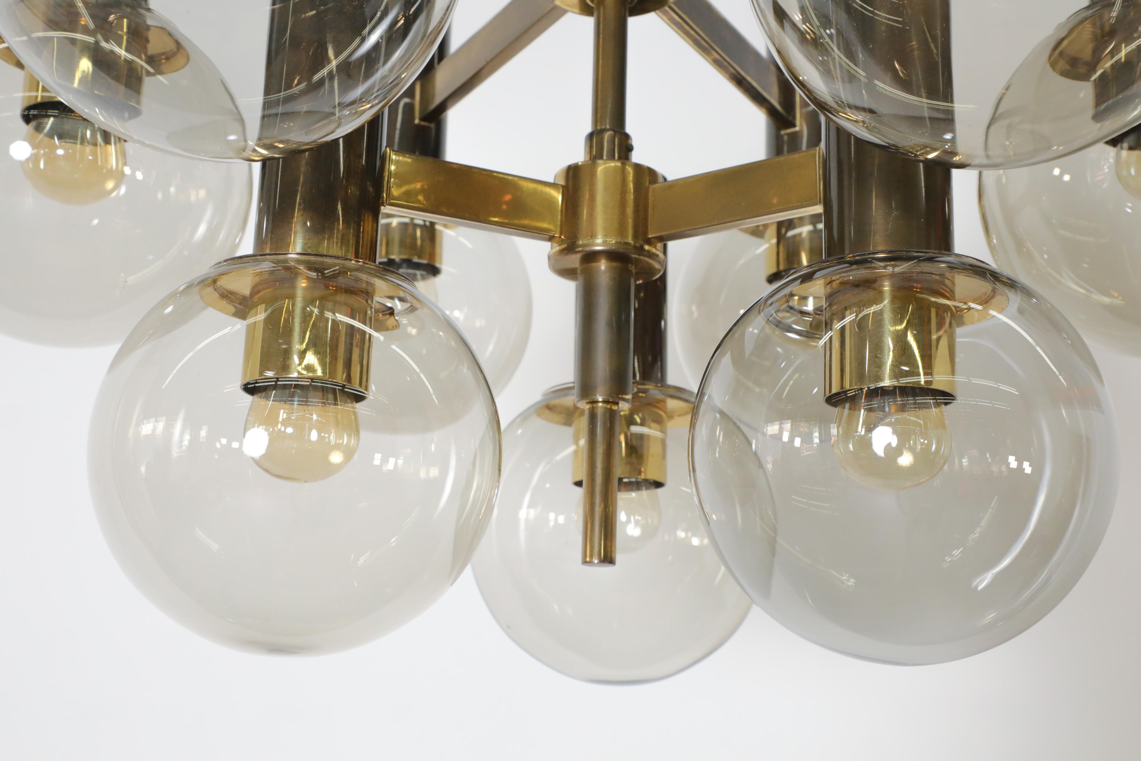 Hans Agne Jacobssen Style Brass Chandelier with 9 Smoked Glass Globes and Canopy For Sale 5