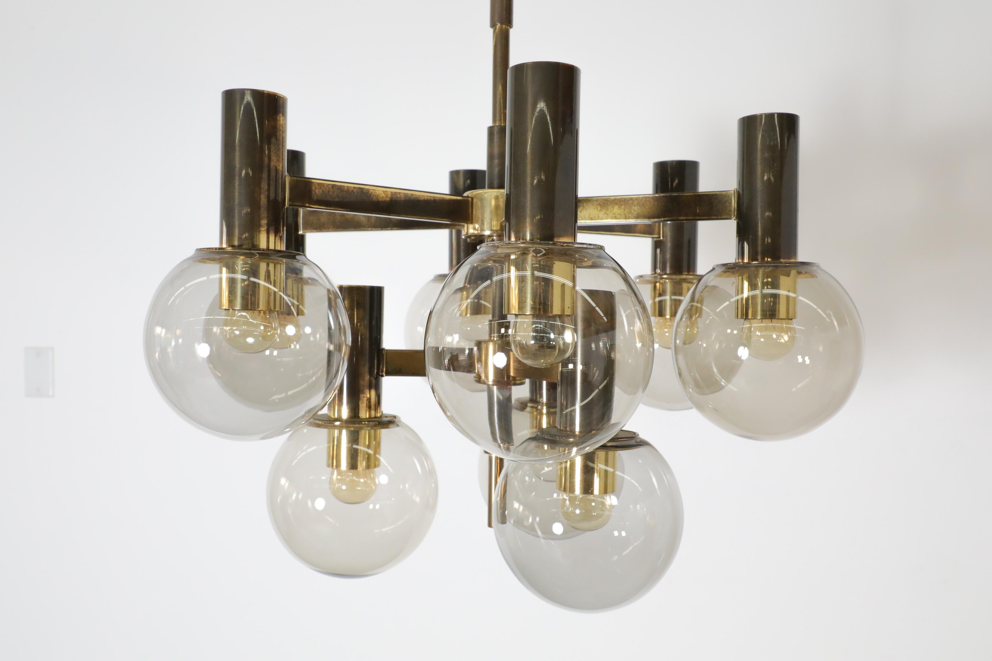 Hans Agne Jacobssen Style Brass Chandelier with 9 Smoked Glass Globes and Canopy For Sale 6