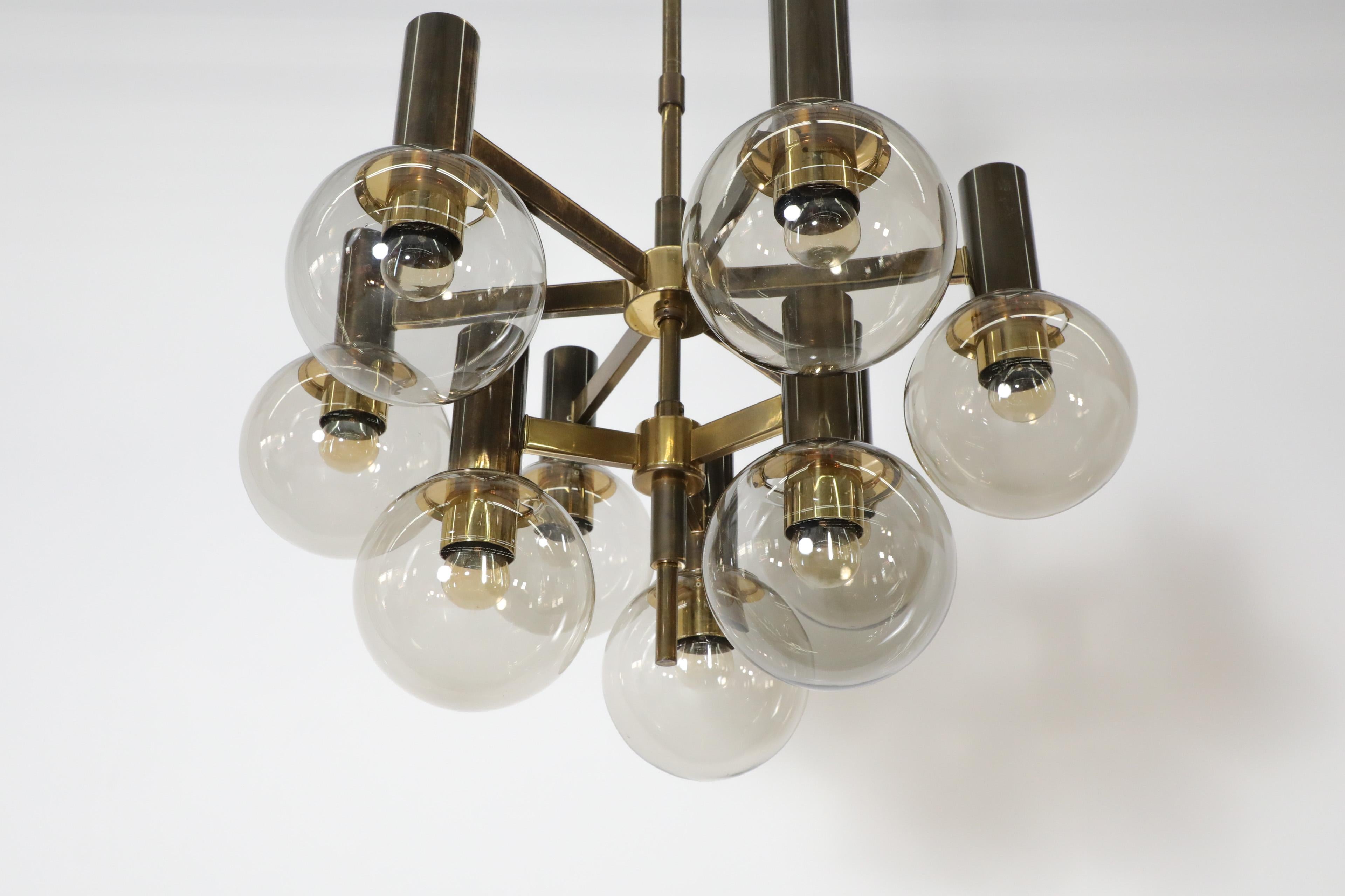 Hans Agne Jacobssen Style Brass Chandelier with 9 Smoked Glass Globes and Canopy For Sale 7