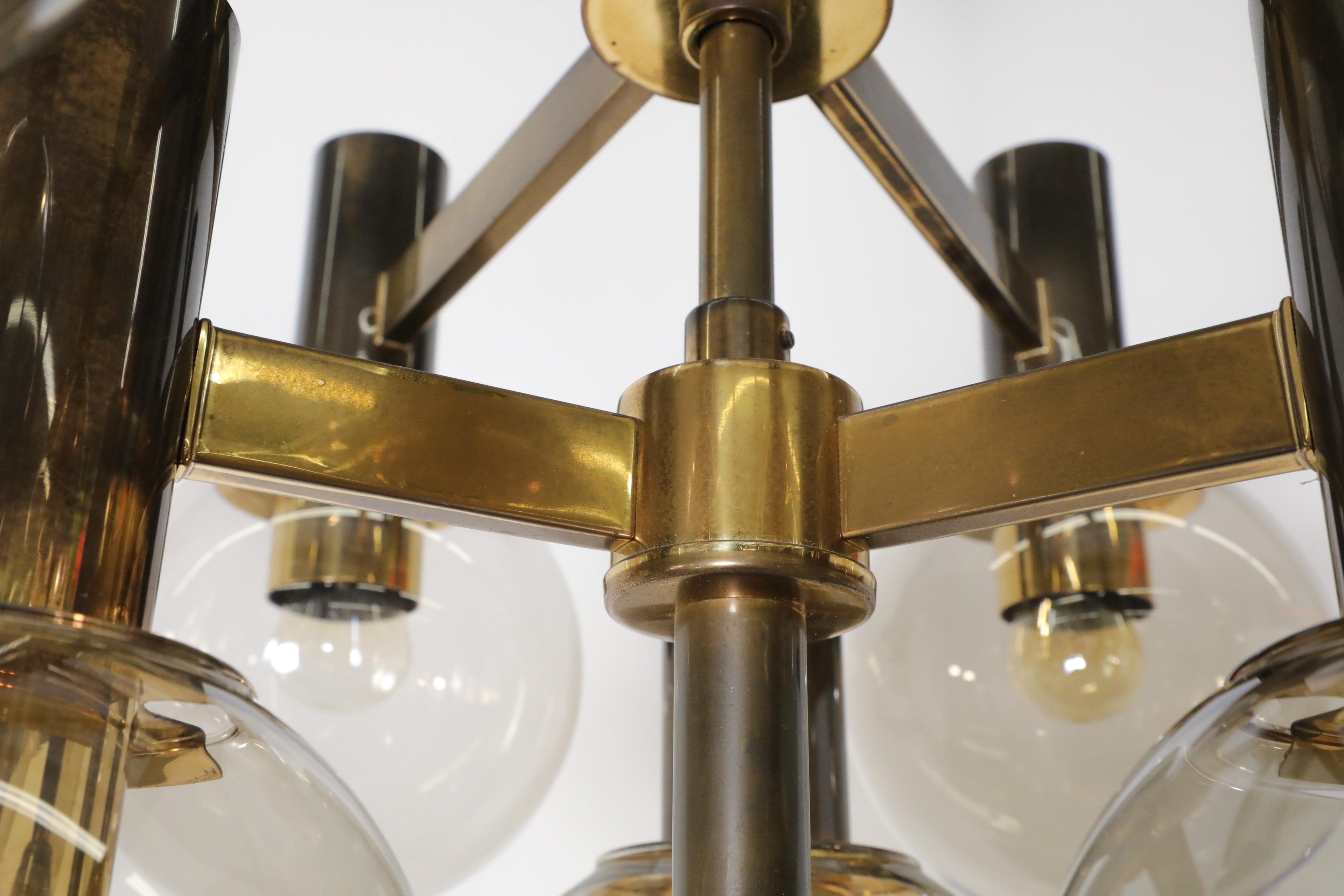 Hans Agne Jacobssen Style Brass Chandelier with 9 Smoked Glass Globes and Canopy For Sale 9