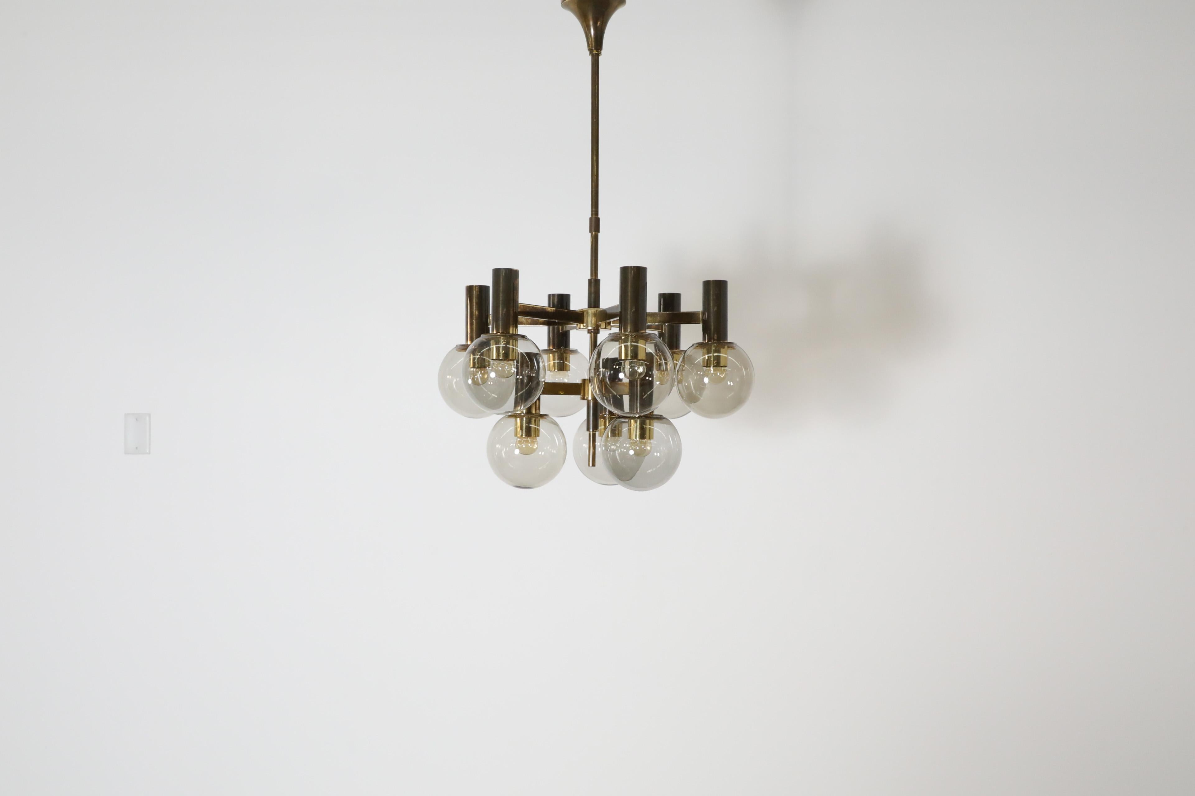 Swedish Hans Agne Jacobssen Style Brass Chandelier with 9 Smoked Glass Globes and Canopy For Sale