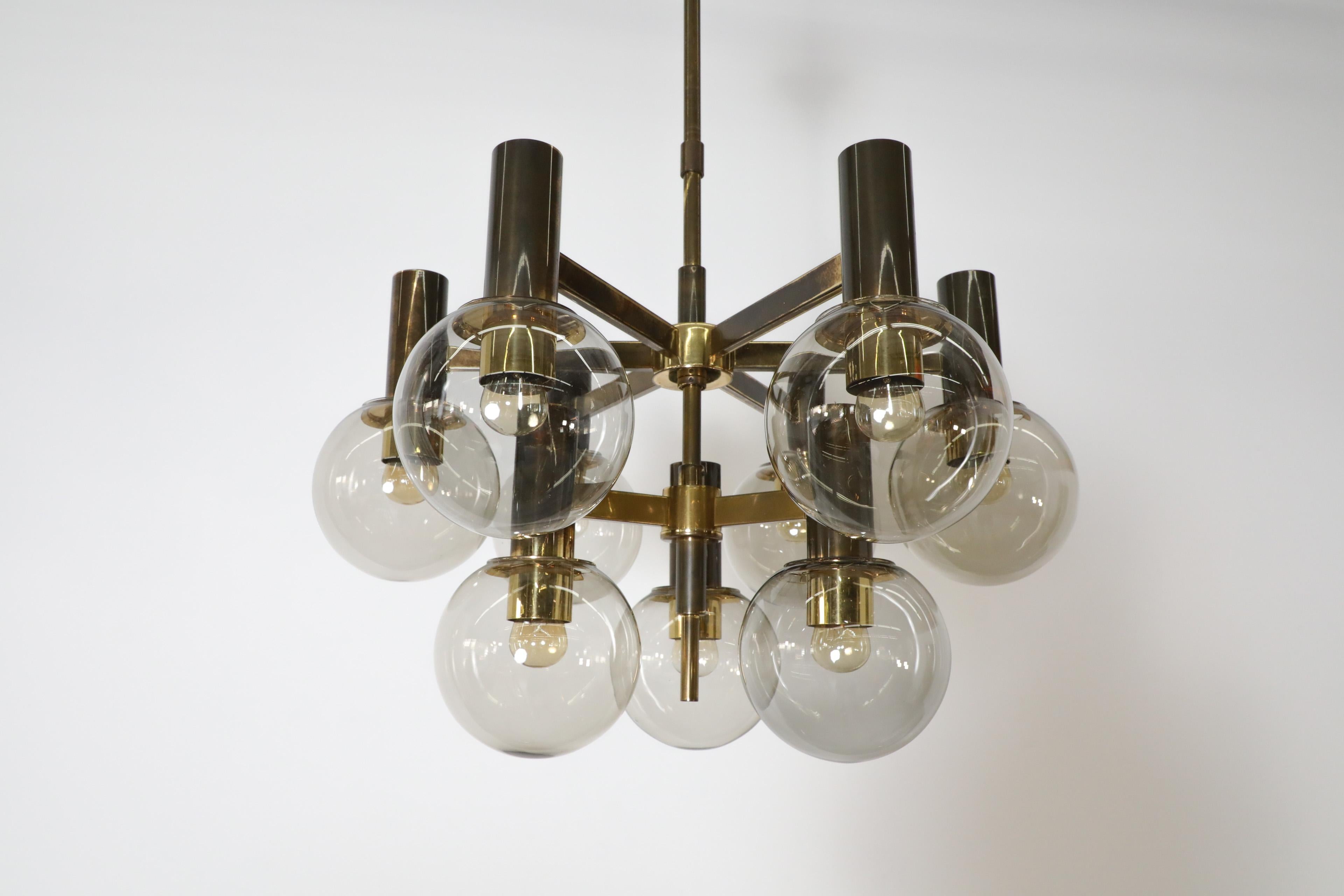 Hans Agne Jacobssen Style Brass Chandelier with 9 Smoked Glass Globes and Canopy In Good Condition For Sale In Los Angeles, CA
