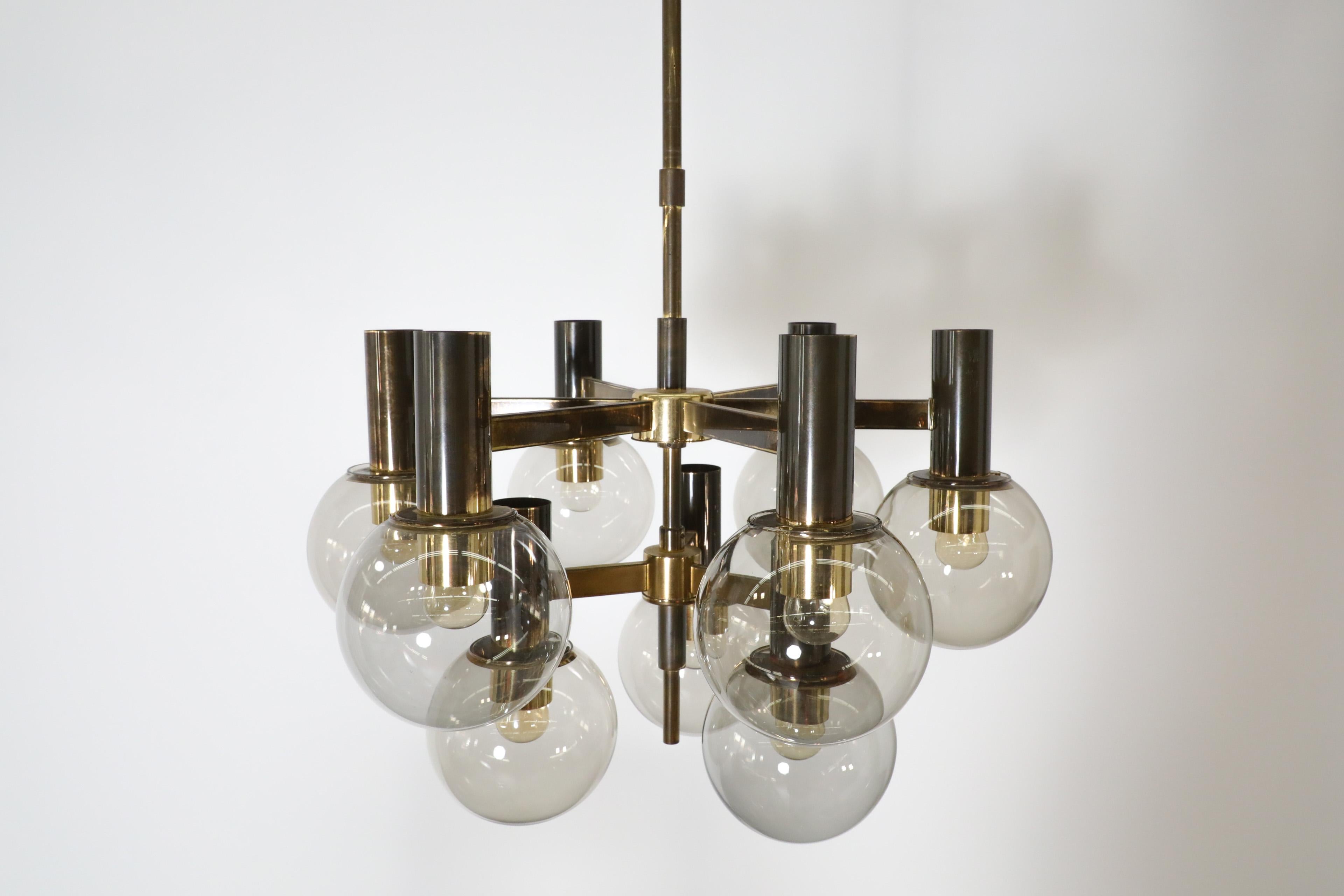 Mid-20th Century Hans Agne Jacobssen Style Brass Chandelier with 9 Smoked Glass Globes and Canopy For Sale