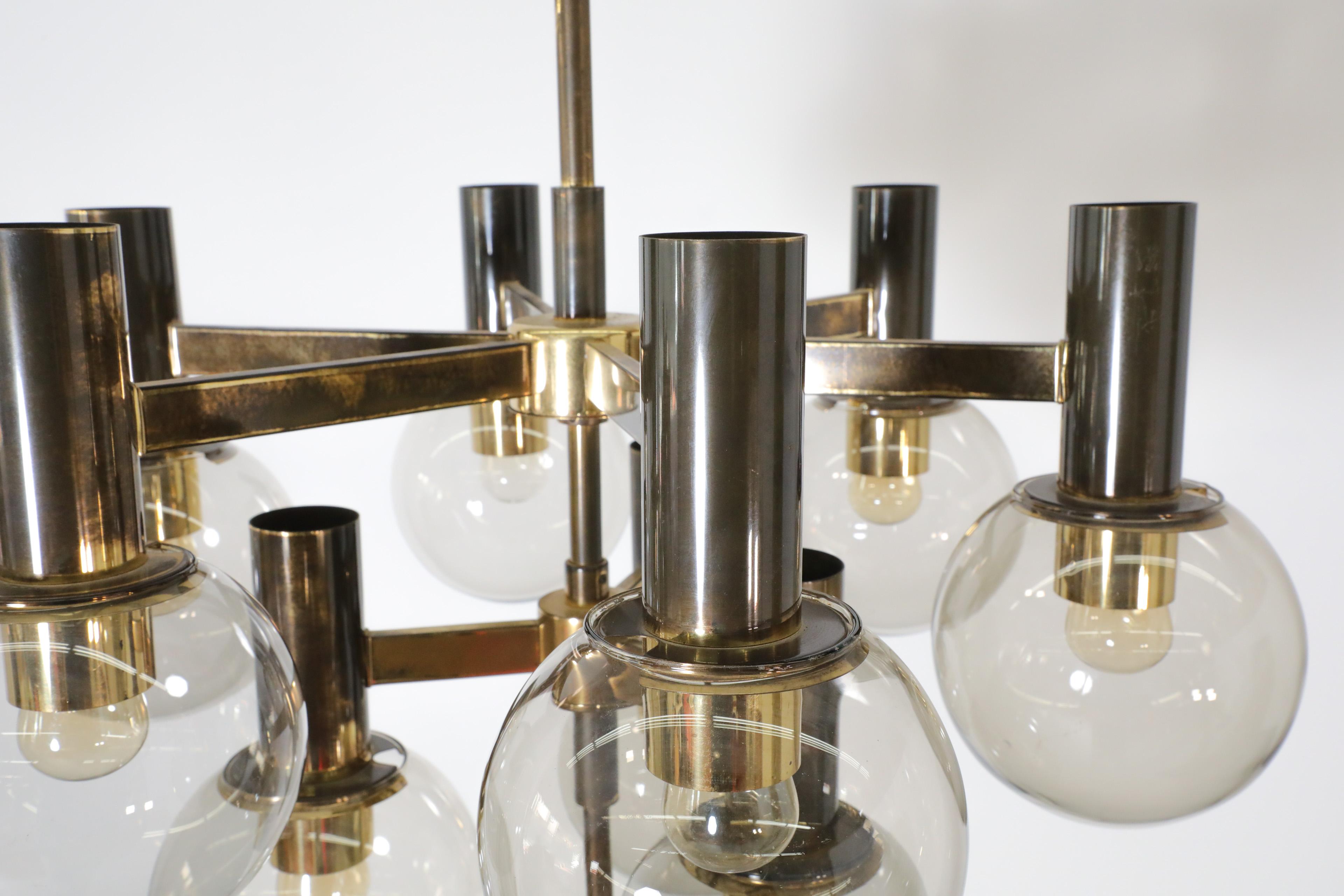 Hans Agne Jacobssen Style Brass Chandelier with 9 Smoked Glass Globes and Canopy For Sale 2