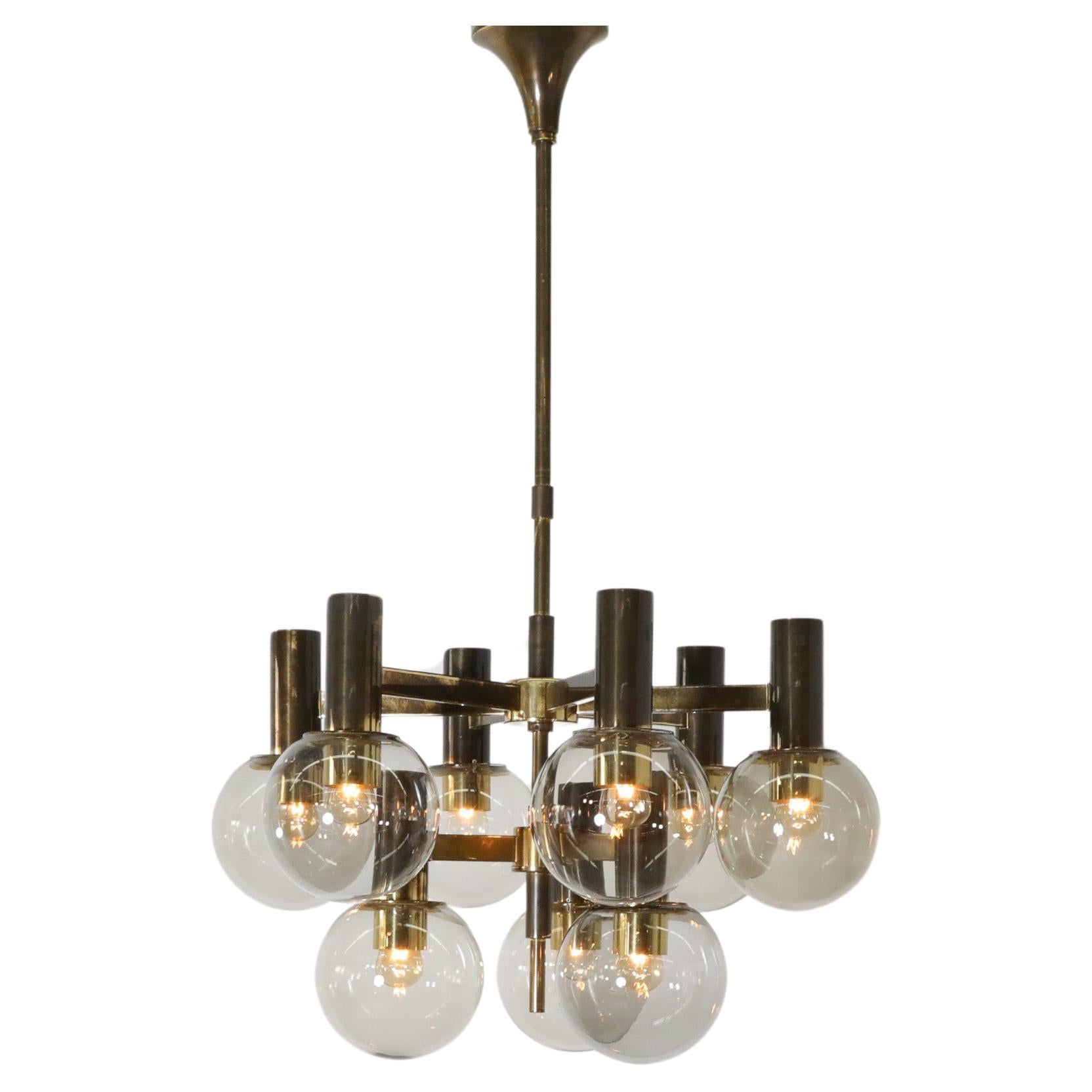 Hans Agne Jacobssen Style Brass Chandelier with 9 Smoked Glass Globes and Canopy For Sale
