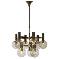 Vintage Hans Agne Jacobssen Style Brass Chandelier with 9 Smoked Glass Globes and Canopy