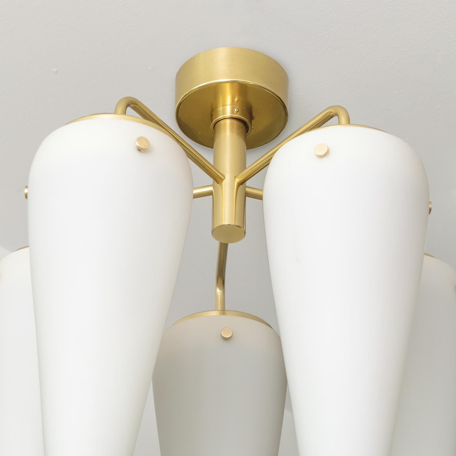 Hans-Agne Jacobsson 5 Opal Glass Shade Polished Brass Pendant by AWF, Norway In Good Condition For Sale In New York, NY