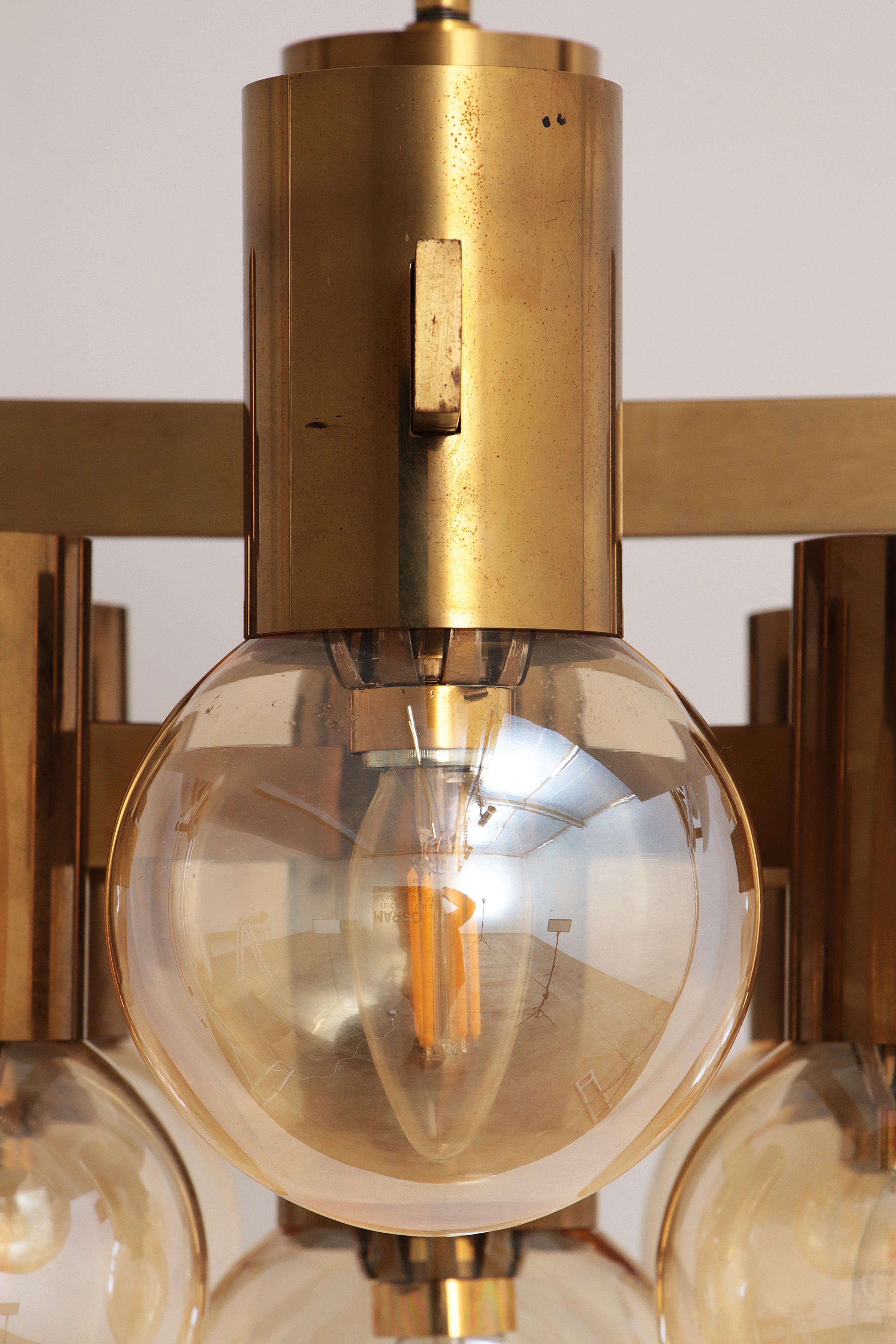 Hans-Agne Jakobsen brass chandelier with opal glass Sweden 1960 5