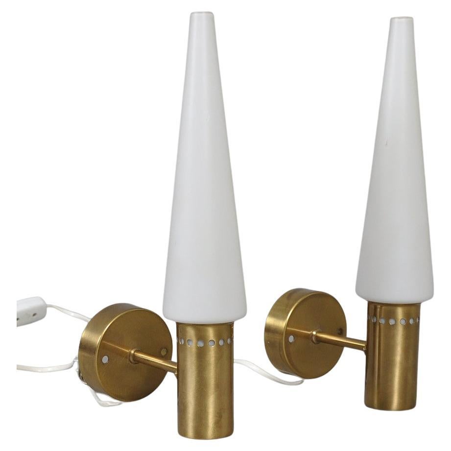 Hans Agne Jakobson: Wandgemäldepaar lS-1987 aus Messing und Opalglas, Hans Agne Jakobson  Schweden 1960